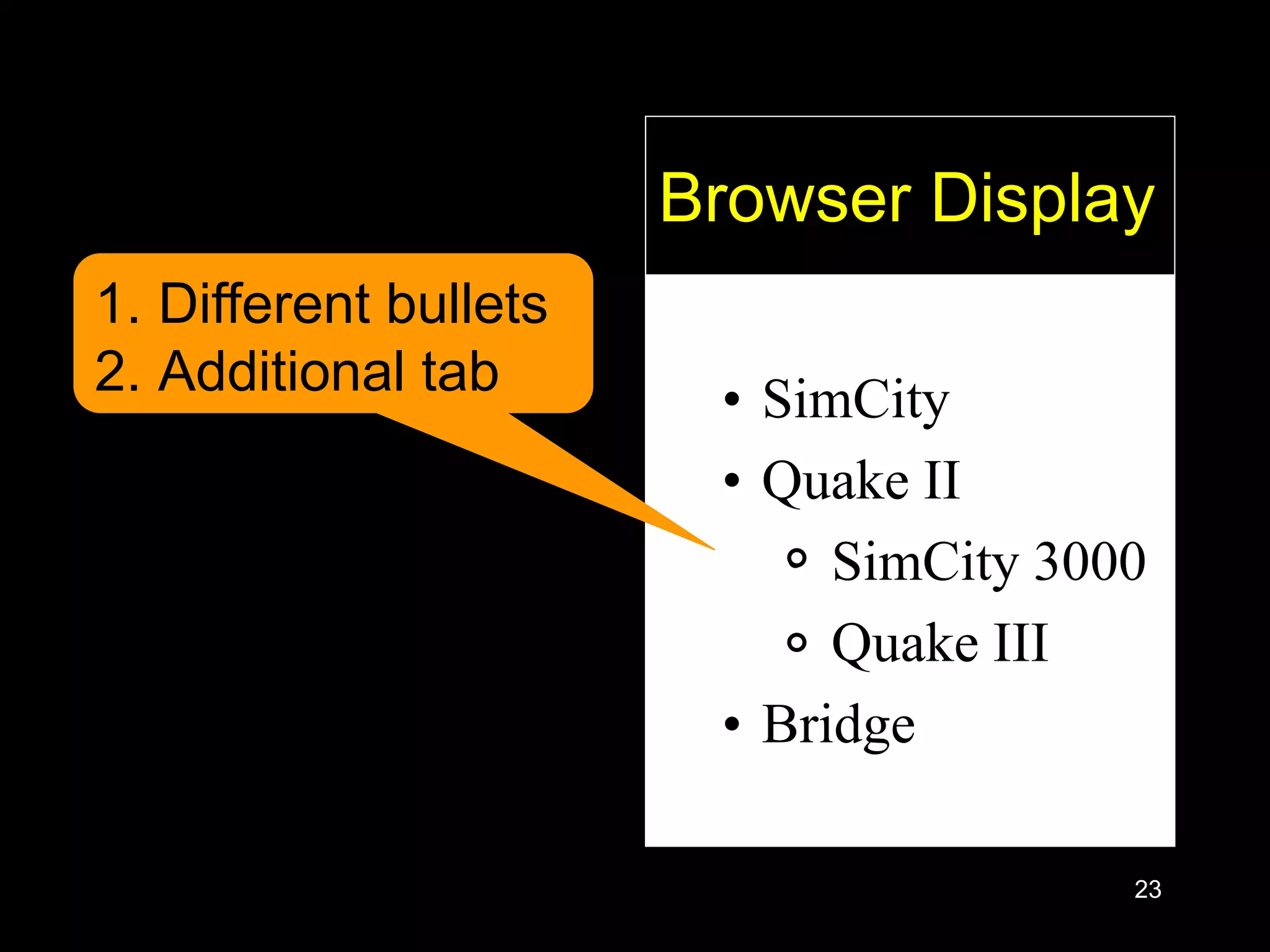 23
• SimCity
• Quake II
• SimCity 3000
• Quake III
• Bridge
Browser Display
1. Different bullets
2. Additional tab
 