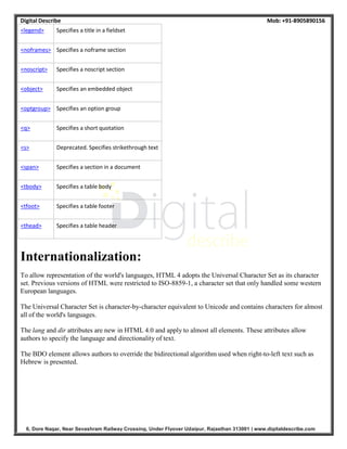 Digital Describe Mob: +91-8905890156
6, Dore Nagar, Near Sevashram Railway Crossing, Under Flyover Udaipur, Rajasthan 313001 | www.digitaldescribe.com
<legend> Specifies a title in a fieldset
<noframes> Specifies a noframe section
<noscript> Specifies a noscript section
<object> Specifies an embedded object
<optgroup> Specifies an option group
<q> Specifies a short quotation
<s> Deprecated. Specifies strikethrough text
<span> Specifies a section in a document
<tbody> Specifies a table body
<tfoot> Specifies a table footer
<thead> Specifies a table header
Internationalization:
To allow representation of the world's languages, HTML 4 adopts the Universal Character Set as its character
set. Previous versions of HTML were restricted to ISO-8859-1, a character set that only handled some western
European languages.
The Universal Character Set is character-by-character equivalent to Unicode and contains characters for almost
all of the world's languages.
The lang and dir attributes are new in HTML 4.0 and apply to almost all elements. These attributes allow
authors to specify the language and directionality of text.
The BDO element allows authors to override the bidirectional algorithm used when right-to-left text such as
Hebrew is presented.
 