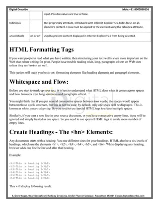 Digital Describe Mob: +91-8905890156
6, Dore Nagar, Near Sevashram Railway Crossing, Under Flyover Udaipur, Rajasthan 313001 | www.digitaldescribe.com
input. Possible values are true or false.
hidefocus This proprietary attribute, introduced with Internet Explorer 5.5, hides focus on an
element's content. Focus must be applied to the element using the tabindex attribute.
unselectable on or off Used to prevent content displayed in Internet Explorer 5.5 from being selected.
HTML Formatting Tags
If you want people to read what you have written, then structuring your text well is even more important on the
Web than when writing for print. People have trouble reading wide, long, paragraphs of text on Web sites
unless they are broken up well.
This section will teach you basic text formatting elements like heading elements and paragraph elements.
Whitespace and Flow:
Before you start to mark up your text, it is best to understand what HTML does when it comes across spaces
and how browsers treat long sentences and paragraphs of text.
You might think that if you put several consecutive spaces between two words, the spaces would appear
between those words onscreen, but this is not the case; by default, only one space will be displayed. This is
known as white space collapsing. So you need to use special HTML tags to create multiple spaces.
Similarly, if you start a new line in your source document, or you have consecutive empty lines, these will be
ignored and simply treated as one space. So you need to use special HTML tags to create more number of
empty lines.
Create Headings - The <hn> Elements:
Any documents starts with a heading. You use different sizes for your headings. HTML also have six levels of
headings, which use the elements <h1>, <h2>, <h3>, <h4>, <h5>, and <h6>. While displaying any heading,
browser adds one line before and after that heading.
Example:
<h1>This is heading 1</h1>
<h2>This is heading 2</h2>
<h3>This is heading 3</h3>
<h4>This is heading 4</h4>
<h5>This is heading 5</h5>
<h6>This is heading 6</h6>
This will display following result:
 