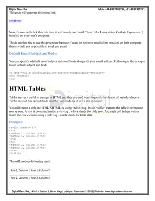 Digital Describe Mob: +91-8852905290, +91-8852915291
Digital Describe, 2-KH-21, Sector 5, Hiran Magri, Udaipur, Rajasthan 313001 | Website: www.digitaldescribe.com
This code will generate following link:
Send Email
Now if a user will click this link then it will lanuch one Email Client ( like Lotus Notes, Outlook Express etc. )
installed on your user's computer.
This is another risk to use this procedure because if users do not have email client installed on their computer
then it would not be possible to send you email.
Default Email Subject and Body:
You can specify a default email subject and email body alongwith your email address. Following is the example
to use default subject and body.
<a href="mailto:abc@example.com?subject=Feedback&body=Message">
Send Feedback
</a>
HTML Tables
Tables are very useful to arrange in HTML and they are used very frequently by almost all web developers.
Tables are just like spreadsheets and they are made up of rows and columns.
You will create a table in HTML/XHTML by using <table> tag. Inside <table> element the table is written out
row by row. A row is contained inside a <tr> tag . which stands for table row. And each cell is then written
inside the row element using a <td> tag . which stands for table data.
Example:
<table border="1">
<tr>
<td>Row 1, Column 1</td>
<td>Row 1, Column 2</td>
</tr>
<tr>
<td>Row 2, Column 1</td>
<td>Row 2, Column 2</td>
</tr>
</table>
This will produce following result:
Row 1, Column 1 Row 1, Column 2
Row 2, Column 1 Row 2, Column 2
 