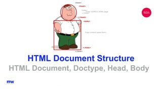HTML Document Structure
HTML Document, Doctype, Head, Body
 