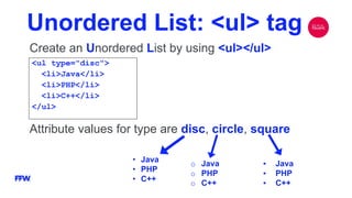 Unordered List: <ul> tag
Create an Unordered List by using <ul></ul>
<ul type="disc">
<li>Java</li>
<li>PHP</li>
<li>C++</li>
</ul>
Attribute values for type are disc, circle, square
o Java
o PHP
o C++
• Java
• PHP
• C++
▪ Java
▪ PHP
▪ C++
 