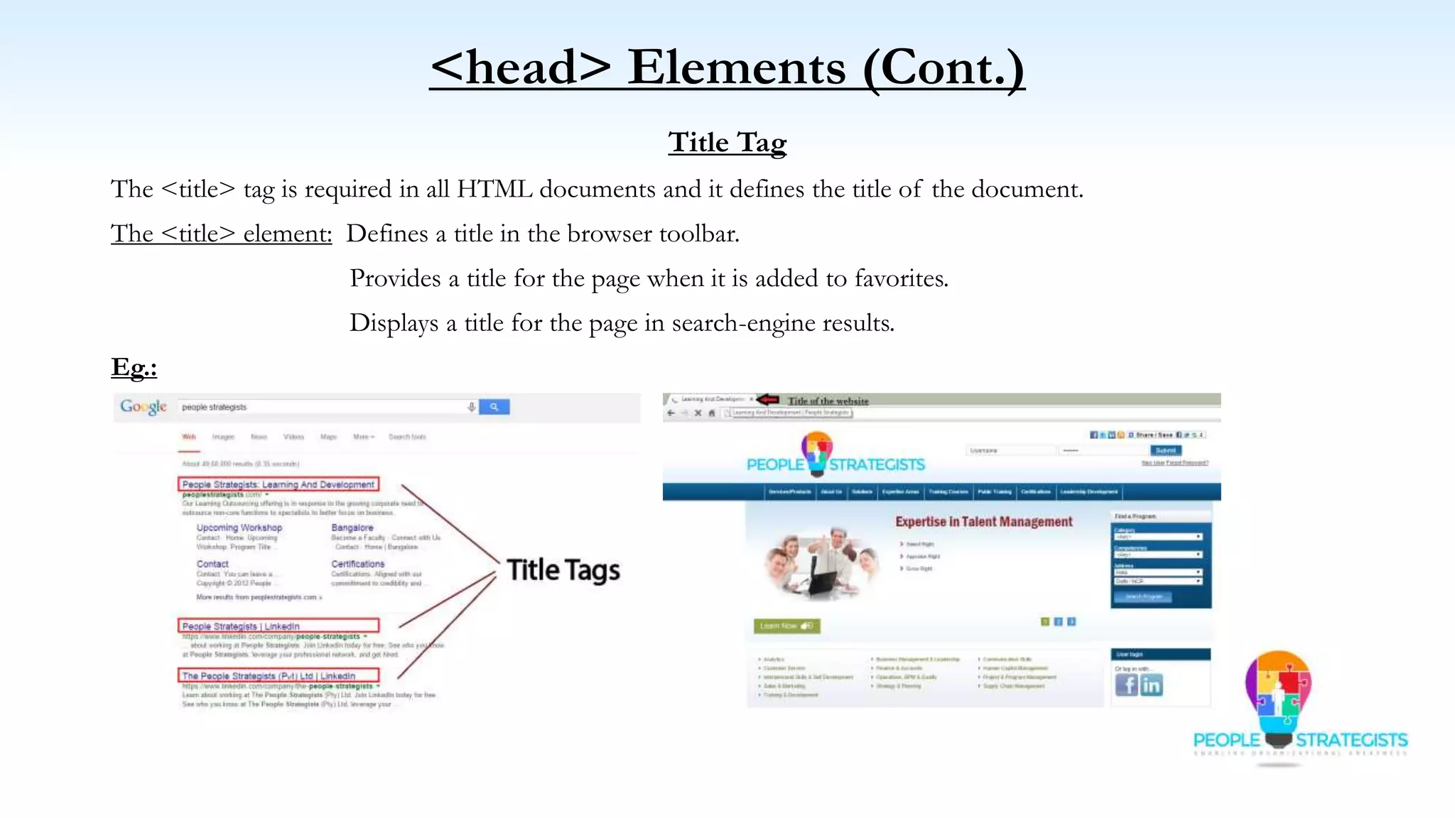 <head> Elements (Cont.)
Title Tag
The <title> tag is required in all HTML documents and it defines the title of the document.
The <title> element: Defines a title in the browser toolbar.
Provides a title for the page when it is added to favorites.
Displays a title for the page in search-engine results.
Eg.:
 