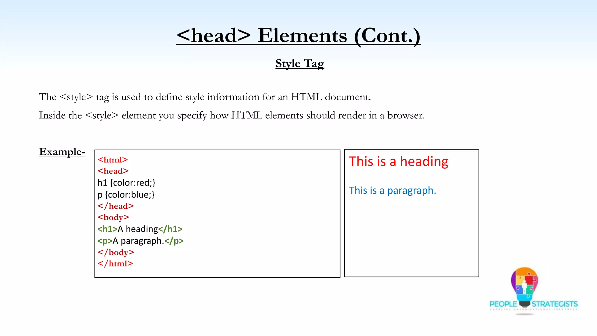 <head> Elements (Cont.)
Style Tag
The <style> tag is used to define style information for an HTML document.
Inside the <style> element you specify how HTML elements should render in a browser.
Example-
<html>
<head>
h1 {color:red;}
p {color:blue;}
</head>
<body>
<h1>A heading</h1>
<p>A paragraph.</p>
</body>
</html>
This is a heading
This is a paragraph.
 