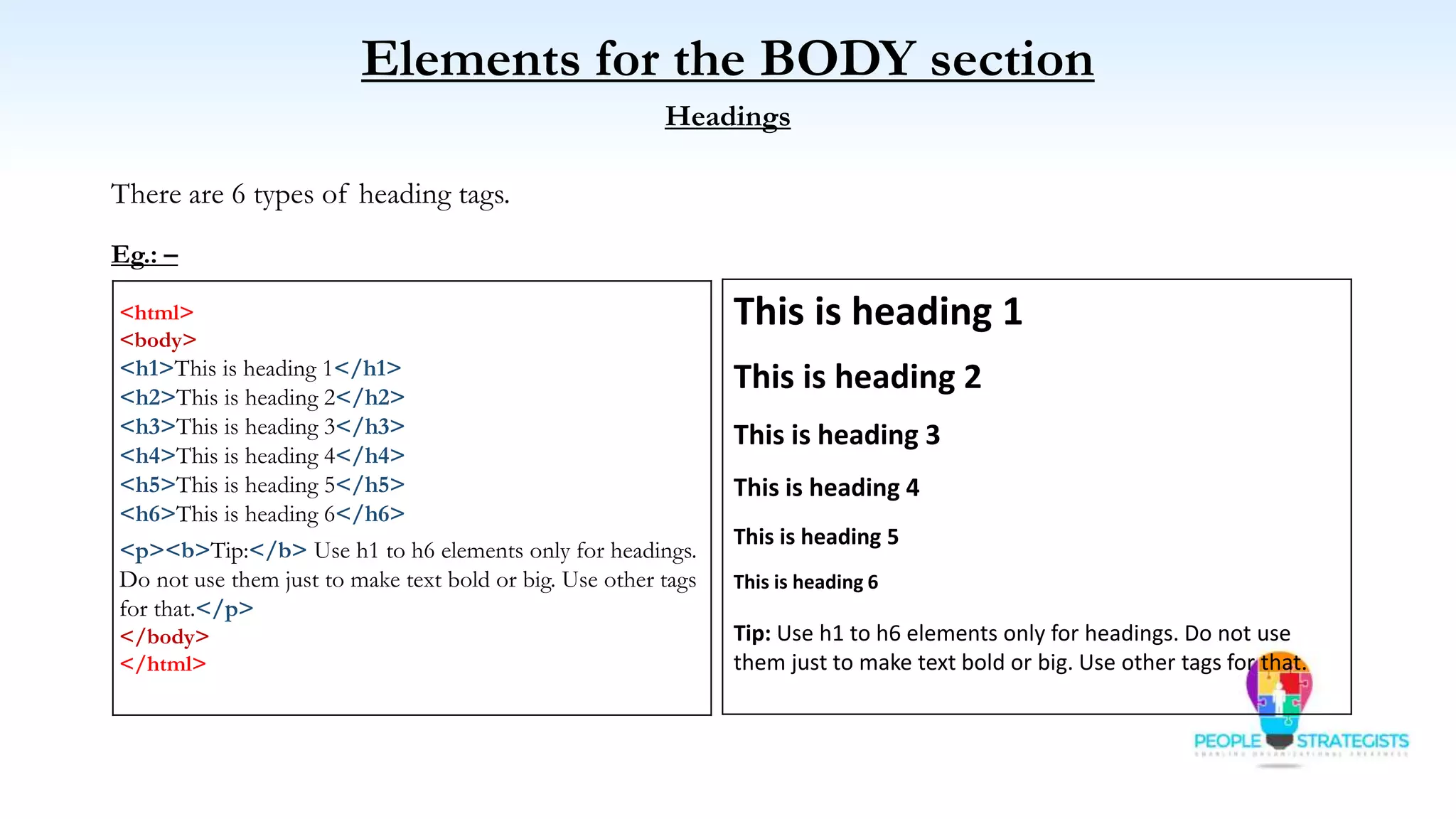 Elements for the BODY section
Headings
There are 6 types of heading tags.
Eg.: –
<html>
<body>
<h1>This is heading 1</h1>
<h2>This is heading 2</h2>
<h3>This is heading 3</h3>
<h4>This is heading 4</h4>
<h5>This is heading 5</h5>
<h6>This is heading 6</h6>
<p><b>Tip:</b> Use h1 to h6 elements only for headings.
Do not use them just to make text bold or big. Use other tags
for that.</p>
</body>
</html>
This is heading 1
This is heading 2
This is heading 3
This is heading 4
This is heading 5
This is heading 6
Tip: Use h1 to h6 elements only for headings. Do not use
them just to make text bold or big. Use other tags for that.
 