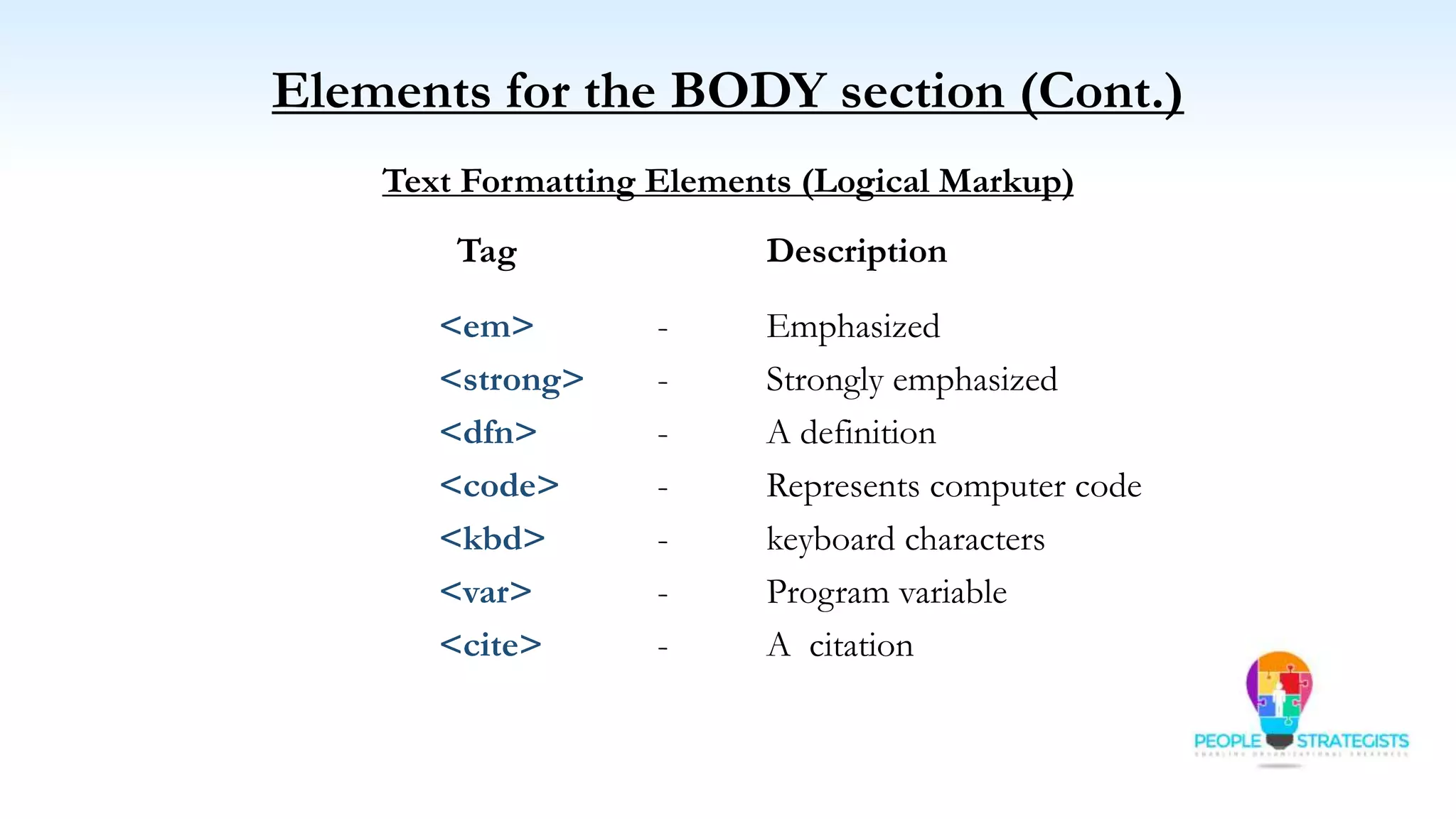 Elements for the BODY section (Cont.)
Text Formatting Elements (Logical Markup)
Tag Description
<em> - Emphasized
<strong> - Strongly emphasized
<dfn> - A definition
<code> - Represents computer code
<kbd> - keyboard characters
<var> - Program variable
<cite> - A citation
 