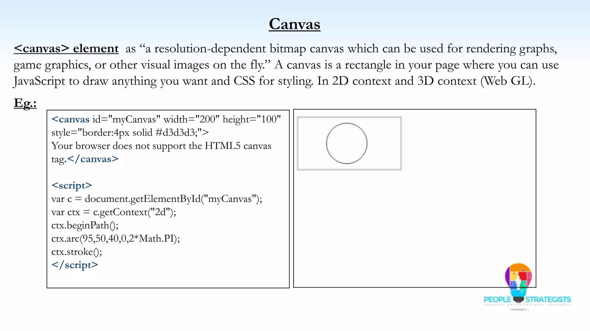 Canvas
<canvas> element as “a resolution-dependent bitmap canvas which can be used for rendering graphs,
game graphics, or other visual images on the fly.” A canvas is a rectangle in your page where you can use
JavaScript to draw anything you want and CSS for styling. In 2D context and 3D context (Web GL).
Eg.:
<canvas id="myCanvas" width="200" height="100"
style="border:4px solid #d3d3d3;">
Your browser does not support the HTML5 canvas
tag.</canvas>
<script>
var c = document.getElementById("myCanvas");
var ctx = c.getContext("2d");
ctx.beginPath();
ctx.arc(95,50,40,0,2*Math.PI);
ctx.stroke();
</script>
 
