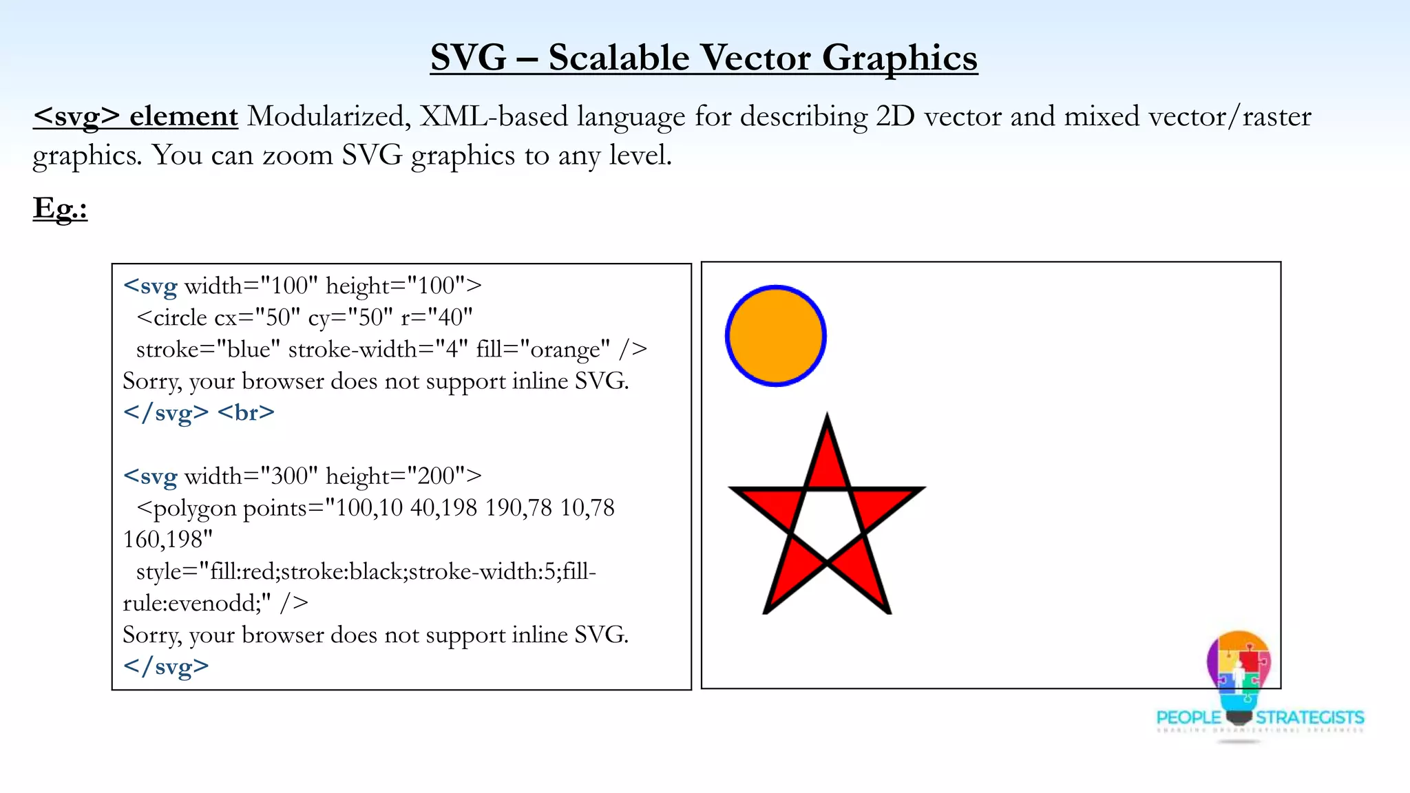 SVG – Scalable Vector Graphics
<svg> element Modularized, XML-based language for describing 2D vector and mixed vector/raster
graphics. You can zoom SVG graphics to any level.
Eg.:
<svg width="100" height="100">
<circle cx="50" cy="50" r="40"
stroke="blue" stroke-width="4" fill="orange" />
Sorry, your browser does not support inline SVG.
</svg> <br>
<svg width="300" height="200">
<polygon points="100,10 40,198 190,78 10,78
160,198"
style="fill:red;stroke:black;stroke-width:5;fill-
rule:evenodd;" />
Sorry, your browser does not support inline SVG.
</svg>
 