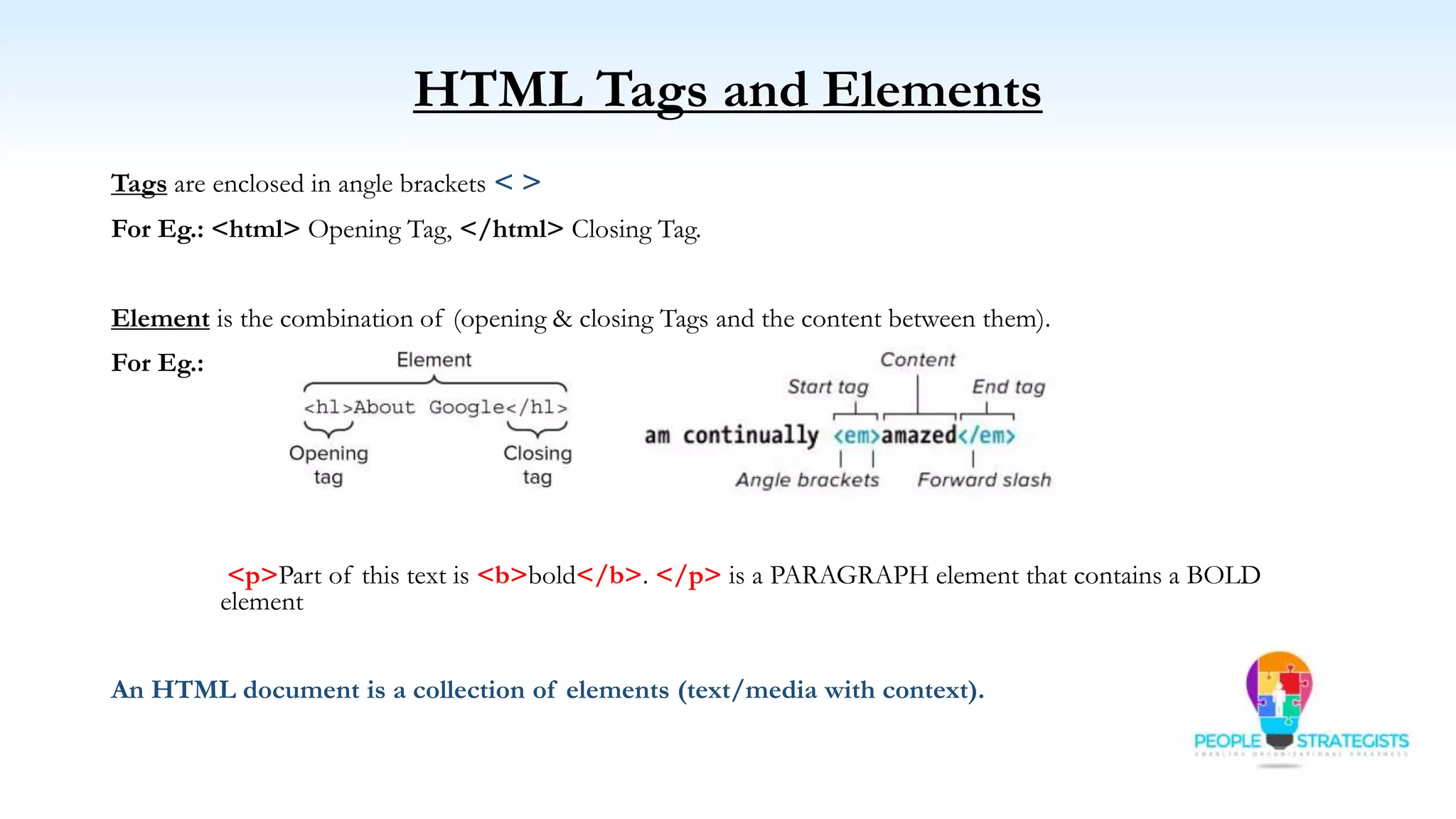 HTML Tags and Elements
Tags are enclosed in angle brackets < >
For Eg.: <html> Opening Tag, </html> Closing Tag.
Element is the combination of (opening & closing Tags and the content between them).
For Eg.:
<p>Part of this text is <b>bold</b>. </p> is a PARAGRAPH element that contains a BOLD
element
An HTML document is a collection of elements (text/media with context).
 