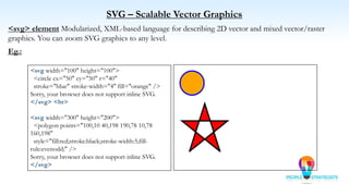 SVG – Scalable Vector Graphics
<svg> element Modularized, XML-based language for describing 2D vector and mixed vector/raster
graphics. You can zoom SVG graphics to any level.
Eg.:
<svg width="100" height="100">
<circle cx="50" cy="50" r="40"
stroke="blue" stroke-width="4" fill="orange" />
Sorry, your browser does not support inline SVG.
</svg> <br>
<svg width="300" height="200">
<polygon points="100,10 40,198 190,78 10,78
160,198"
style="fill:red;stroke:black;stroke-width:5;fill-
rule:evenodd;" />
Sorry, your browser does not support inline SVG.
</svg>
 