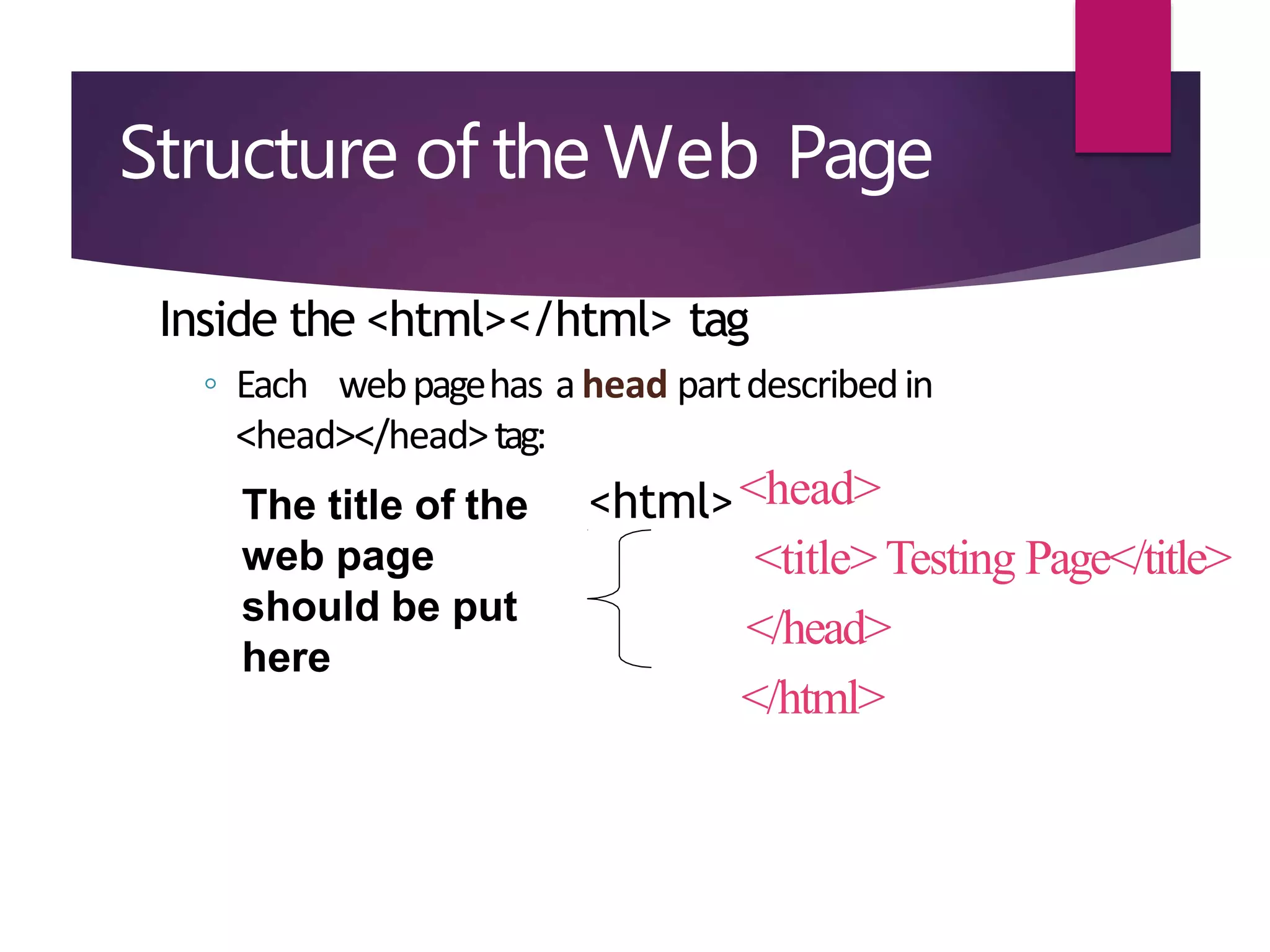 Structure of the Web Page
Inside the <html></html> tag
◦ Each webpagehas ahead partdescribedin
<head></head>tag:
<html><head>
<title> Testing Page</title>
</head>
</html>
The title of the
web page
should be put
here
 