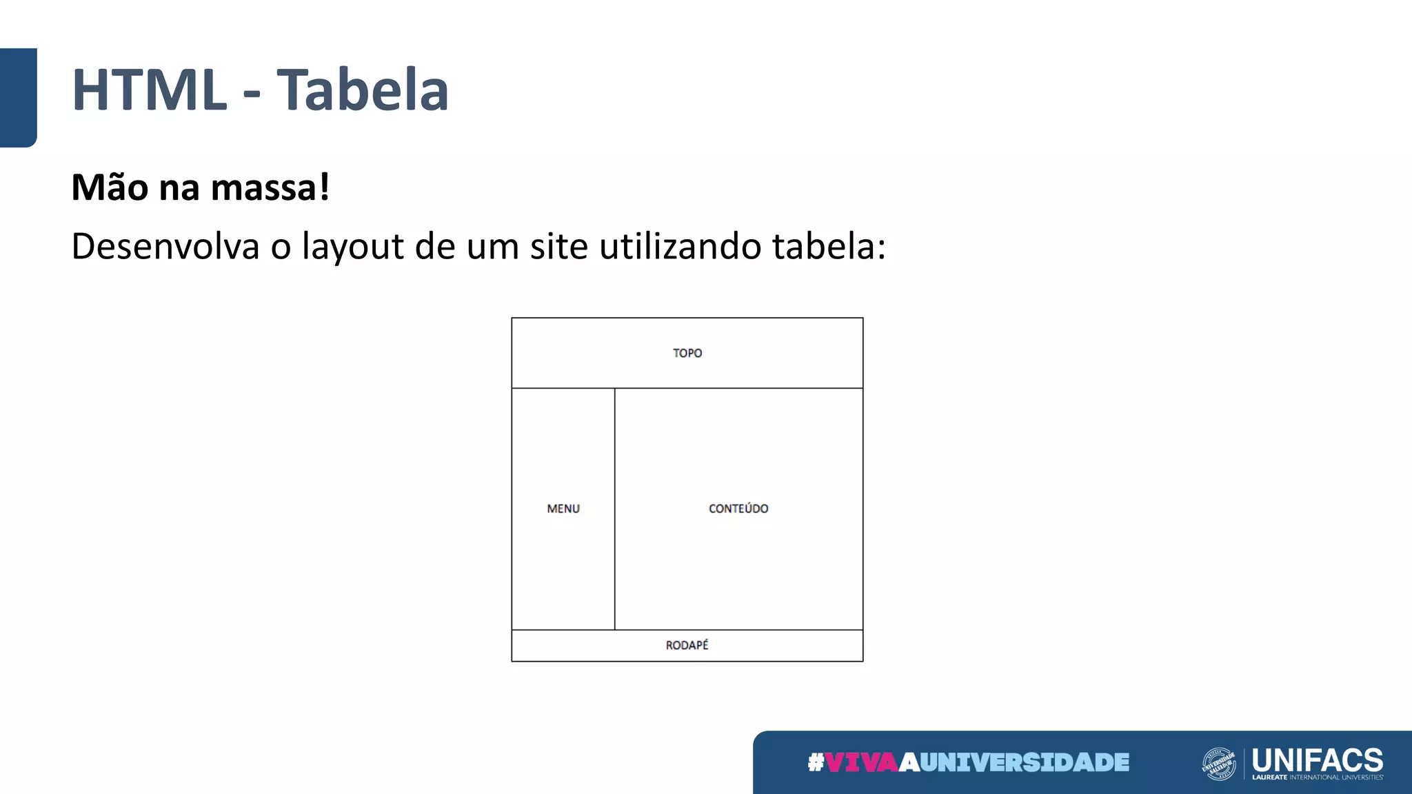 HTML	- Tabela
Mão na massa!
Desenvolva o	layout	de	um	site	utilizando tabela:
 