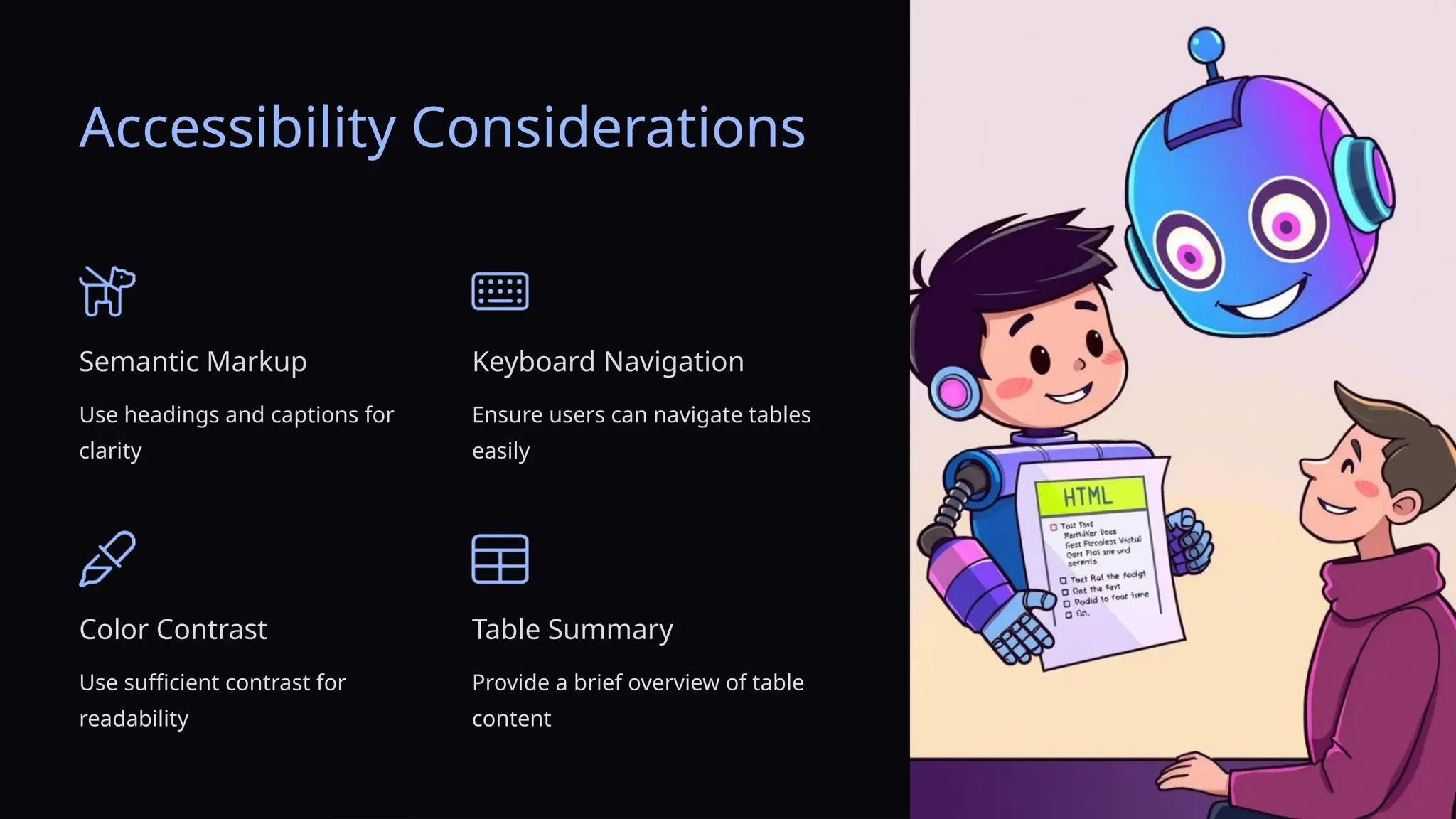 Accessibility Considerations
Semantic Markup
Use headings and captions for
clarity
Keyboard Navigation
Ensure users can navigate tables
easily
Color Contrast
Use sufficient contrast for
readability
Table Summary
Provide a brief overview of table
content
 