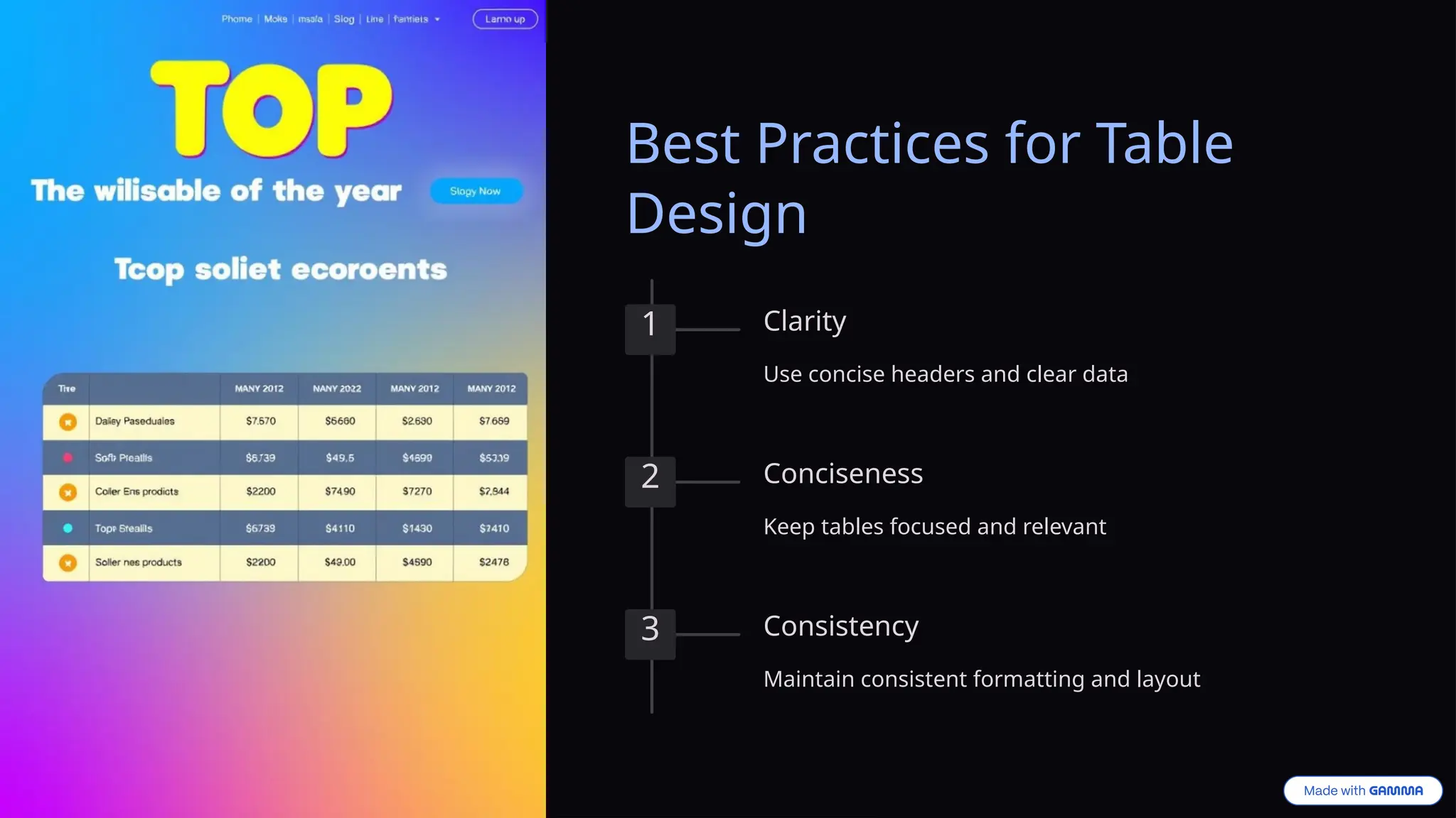 Best Practices for Table
Design
1 Clarity
Use concise headers and clear data
2 Conciseness
Keep tables focused and relevant
3 Consistency
Maintain consistent formatting and layout
 