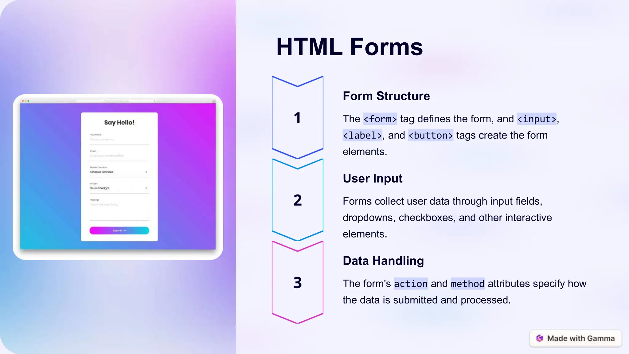 HTML Forms
Form Structure
The <form> tag defines the form, and <input>,
<label>, and <button> tags create the form
elements.
User Input
Forms collect user data through input fields,
dropdowns, checkboxes, and other interactive
elements.
Data Handling
The form's action and method attributes specify how
the data is submitted and processed.
 