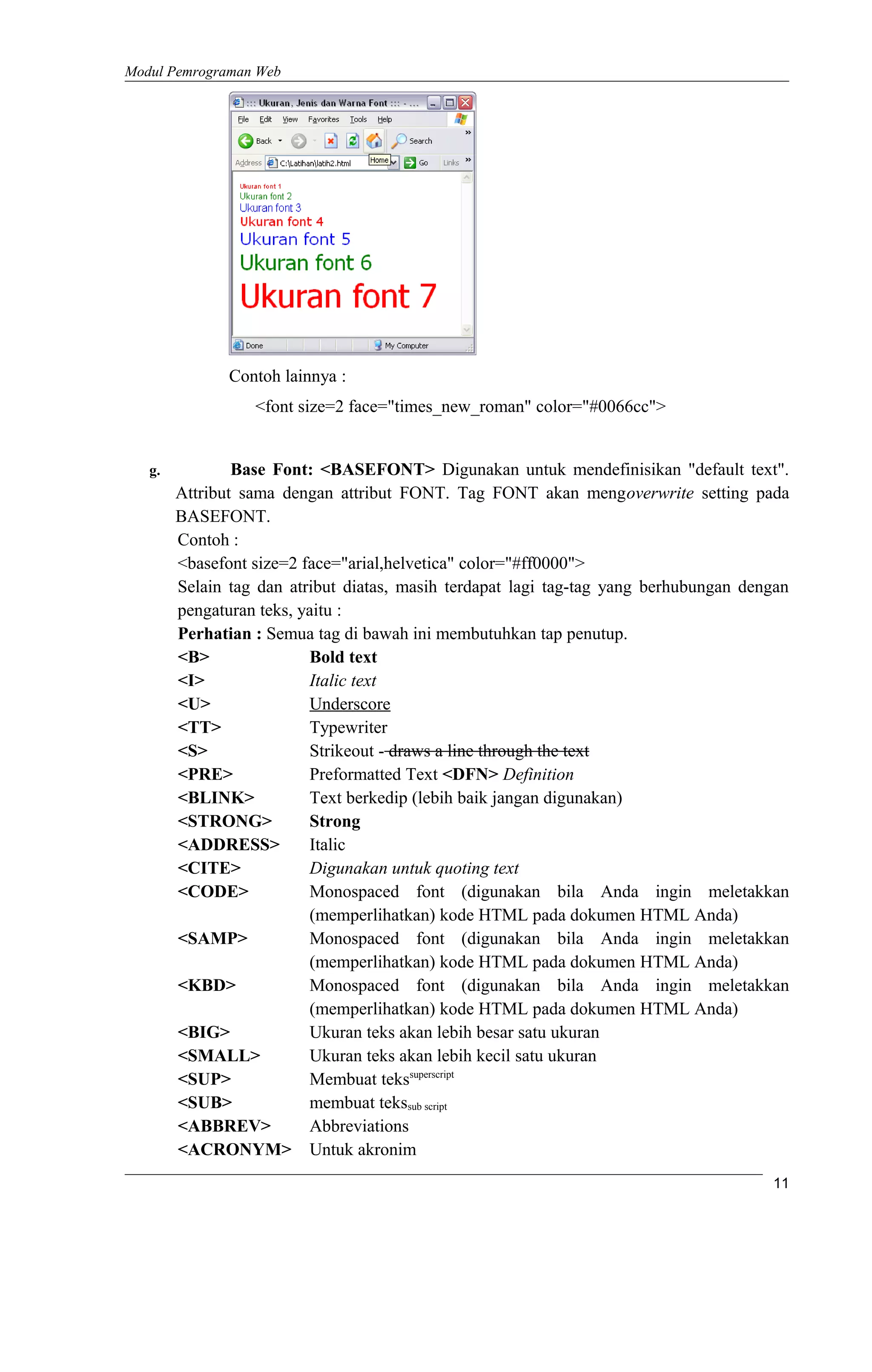 Modul Pemrograman Web
Contoh lainnya :
<font size=2 face="times_new_roman" color="#0066cc">
g. Base Font: <BASEFONT> Digunakan untuk mendefinisikan "default text".
Attribut sama dengan attribut FONT. Tag FONT akan mengoverwrite setting pada
BASEFONT.
Contoh :
<basefont size=2 face="arial,helvetica" color="#ff0000">
Selain tag dan atribut diatas, masih terdapat lagi tag-tag yang berhubungan dengan
pengaturan teks, yaitu :
Perhatian : Semua tag di bawah ini membutuhkan tap penutup.
<B> Bold text
<I> Italic text
<U> Underscore
<TT> Typewriter
<S> Strikeout - draws a line through the text
<PRE> Preformatted Text <DFN> Definition
<BLINK> Text berkedip (lebih baik jangan digunakan)
<STRONG> Strong
<ADDRESS> Italic
<CITE> Digunakan untuk quoting text
<CODE> Monospaced font (digunakan bila Anda ingin meletakkan
(memperlihatkan) kode HTML pada dokumen HTML Anda)
<SAMP> Monospaced font (digunakan bila Anda ingin meletakkan
(memperlihatkan) kode HTML pada dokumen HTML Anda)
<KBD> Monospaced font (digunakan bila Anda ingin meletakkan
(memperlihatkan) kode HTML pada dokumen HTML Anda)
<BIG> Ukuran teks akan lebih besar satu ukuran
<SMALL> Ukuran teks akan lebih kecil satu ukuran
<SUP> Membuat tekssuperscript
<SUB> membuat tekssub script
<ABBREV> Abbreviations
<ACRONYM> Untuk akronim
11
 