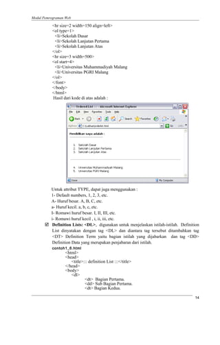 Modul Pemrograman Web
<hr size=2 width=150 align=left>
<ol type=1>
<li>Sekolah Dasar
<li>Sekolah Lanjutan Pertama
<li>Sekolah Lanjutan Atas
</ol>
<hr size=3 width=500>
<ol start=4>
<li>Universitas Muhammadiyah Malang
<li>Universitas PGRI Malang
</ol>
</font>
</body>
</html>
Hasil dari kode di atas adalah :
Untuk attribut TYPE, dapat juga menggunakan :
1- Default numbers, 1, 2, 3, etc.
A- Huruf besar. A, B, C, etc.
a- Huruf kecil. a, b, c, etc.
I- Romawi huruf besar. I, II, III, etc.
i- Romawi huruf kecil , i, ii, iii, etc.
 Definition Lists: <DL>, digunakan untuk menjelaskan istilah-istilah. Definition
List dinyatakan dengan tag <DL> dan diantara tag tersebut ditambahkan tag
<DT> Definition Term yaitu bagian istilah yang dijabarkan dan tag <DD>
Definition Data yang merupakan penjabaran dari istilah.
contoh1_6.html
<html>
<head>
<title>::: definition List :::</title>
</head>
<body>
<dl>
<dt> Bagian Pertama.
<dd> Sub Bagian Pertama.
<dt> Bagian Kedua.
14
 