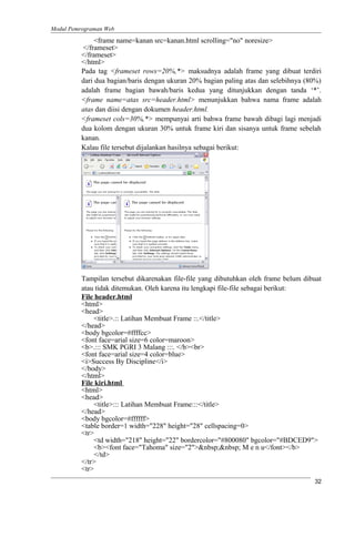 Modul Pemrograman Web
<frame name=kanan src=kanan.html scrolling="no" noresize>
</frameset>
</frameset>
</html>
Pada tag <frameset rows=20%,*> maksudnya adalah frame yang dibuat terdiri
dari dua bagian/baris dengan ukuran 20% bagian paling atas dan selebihnya (80%)
adalah frame bagian bawah/baris kedua yang ditunjukkan dengan tanda ‘*’.
<frame name=atas src=header.html> menunjukkan bahwa nama frame adalah
atas dan diisi dengan dokumen header.html.
<frameset cols=30%,*> mempunyai arti bahwa frame bawah dibagi lagi menjadi
dua kolom dengan ukuran 30% untuk frame kiri dan sisanya untuk frame sebelah
kanan.
Kalau file tersebut dijalankan hasilnya sebagai berikut:
Tampilan tersebut dikarenakan file-file yang dibutuhkan oleh frame belum dibuat
atau tidak ditemukan. Oleh karena itu lengkapi file-file sebagai berikut:
File header.html
<html>
<head>
<title>.:: Latihan Membuat Frame ::.</title>
</head>
<body bgcolor=#ffffcc>
<font face=arial size=6 color=maroon>
<b>.::: SMK PGRI 3 Malang :::. </b><br>
<font face=arial size=4 color=blue>
<i>Success By Discipline</i>
</body>
</html>
File kiri.html
<html>
<head>
<title>::: Latihan Membuat Frame:::</title>
</head>
<body bgcolor=#ffffff>
<table border=1 width="228" height="28" cellspacing=0>
<tr>
<td width="218" height="22" bordercolor="#800080" bgcolor="#BDCED9">
<b><font face="Tahoma" size="2">&nbsp;&nbsp; M e n u</font></b>
</td>
</tr>
<tr>
32
 