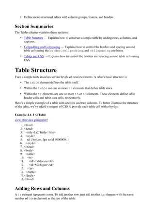 • Define more structured tables with column groups, footers, and headers
Section Summaries
The Tables chapter contains these sections:
• Table Structure — Explains how to construct a simple table by adding rows, columns, and
captions.
• Cellpadding and Cellspacing — Explains how to control the borders and spacing around
table cells using the border, cellpadding, and cellspacing attributes.
• Tables and CSS — Explains how to control the borders and spacing around table cells using
CSS.
Table Structure
Even a simple table involves several levels of nested elements. A table’s basic structure is:
• The table element defines the table itself.
• Within the table are one or more tr elements that define table rows.
• Within the tr elements are one or more th or td elements. These elements define table
header cells and table data cells, respectively.
Here’s a simple example of a table with one row and two columns. To better illustrate the structure
of the table, we’ve added a snippet of CSS to provide each table cell with a border.
Example 4.1. 1×2 Table
view htmlview plainprint?
1. <html>
2. <head>
3. <title>1x2 Table</title>
4. <style>
5. td { border: 1px solid #000000; }
6. </style>
7. </head>
8. <body>
9. <table>
10. <tr>
11. <td>California</td>
12. <td>Michigan</td>
13. </tr>
14. </table>
15.</body>
16.</html>
Adding Rows and Columns
A tr element represents a row. To add another row, just add another tr element with the same
number of tds (columns) as the rest of the table:
 