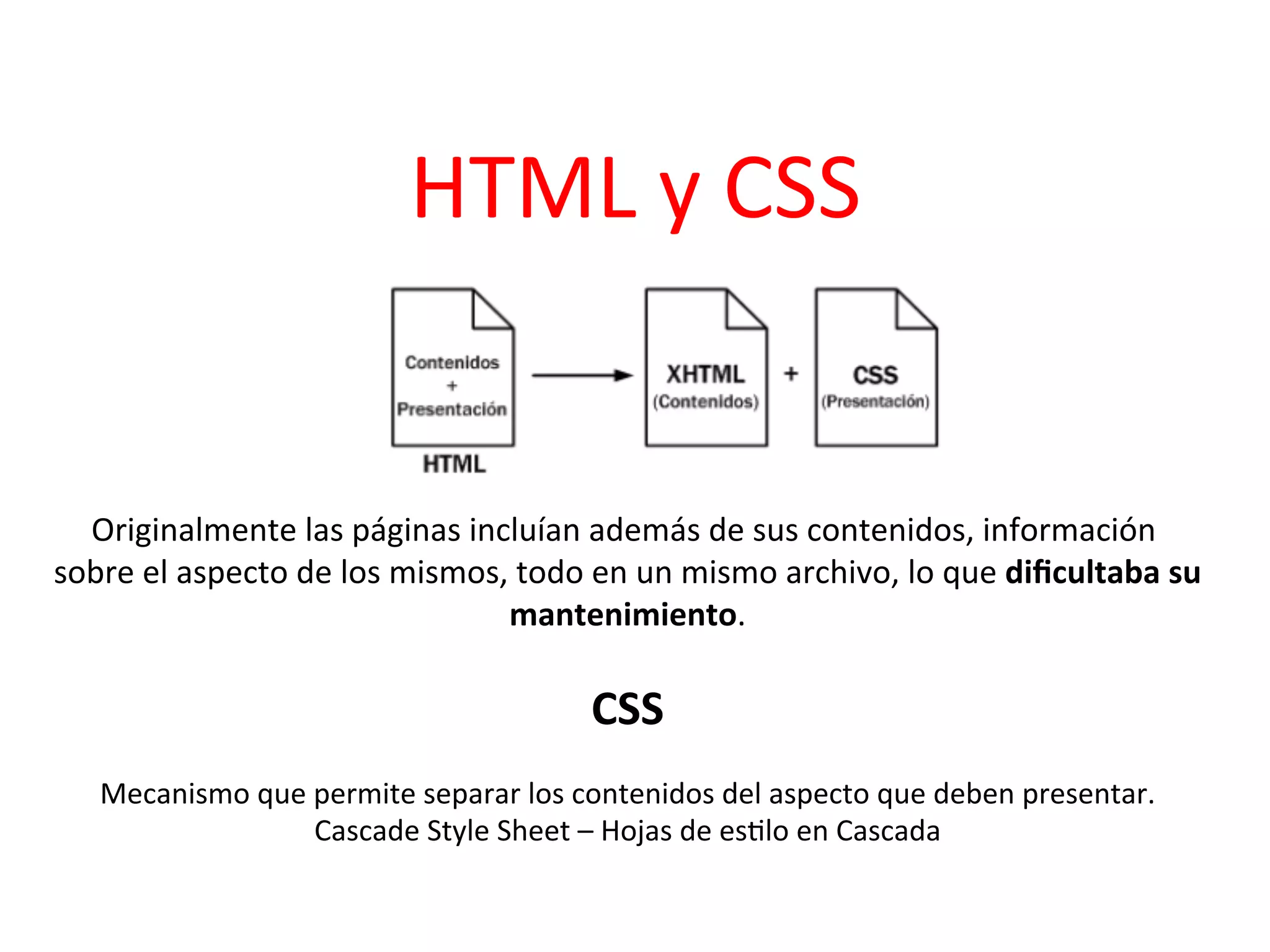 HTML	
  y	
  CSS	
  


  Originalmente	
  las	
  páginas	
  incluían	
  además	
  de	
  sus	
  contenidos,	
  información	
  
sobre	
  el	
  aspecto	
  de	
  los	
  mismos,	
  todo	
  en	
  un	
  mismo	
  archivo,	
  lo	
  que	
  diﬁcultaba	
  su	
  
                                               mantenimiento.            	
  
                                                            	
  
                                                          CSS	
  
                                                           	
  
    Mecanismo	
  que	
  permite	
  separar	
  los	
  contenidos	
  del	
  aspecto	
  que	
  deben	
  presentar.
                                                                                                              	
  
                        Cascade	
  Style	
  Sheet	
  –	
  Hojas	
  de	
  es3lo	
  en	
  Cascada	
  
                                                           	
  
 