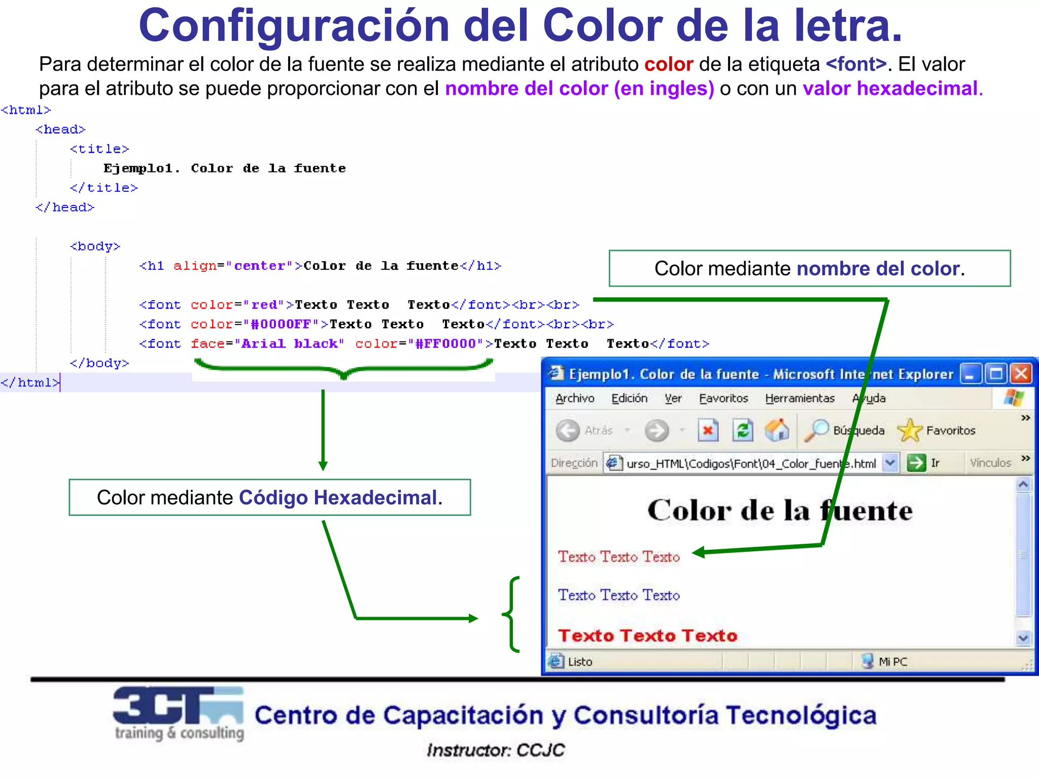 Configuración del Color de la letra.
Para determinar el color de la fuente se realiza mediante el atributo color de la etiqueta <font>. El valor
para el atributo se puede proporcionar con el nombre del color (en ingles) o con un valor hexadecimal.




                                                                     Color mediante nombre del color.




      Color mediante Código Hexadecimal.
 