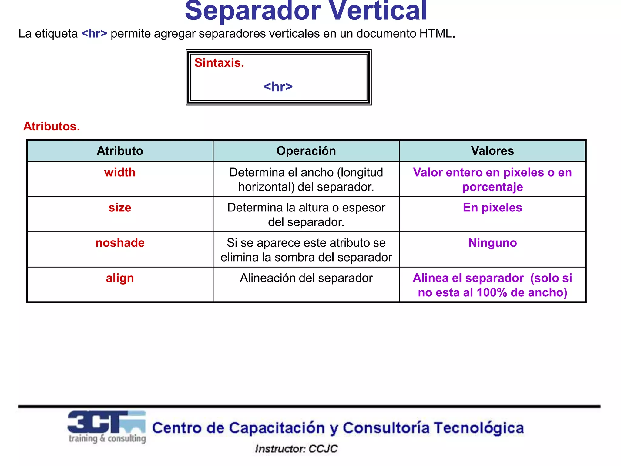 Separador Vertical
La etiqueta <hr> permite agregar separadores verticales en un documento HTML.

                               Sintaxis.

                                           <hr>

Atributos.

             Atributo                        Operación                           Valores
               width                 Determina el ancho (longitud    Valor entero en pixeles o en
                                      horizontal) del separador.              porcentaje
               size                 Determina la altura o espesor               En pixeles
                                          del separador.
             noshade                Si se aparece este atributo se              Ninguno
                                   elimina la sombra del separador
               align                   Alineación del separador      Alinea el separador (solo si
                                                                      no esta al 100% de ancho)
 