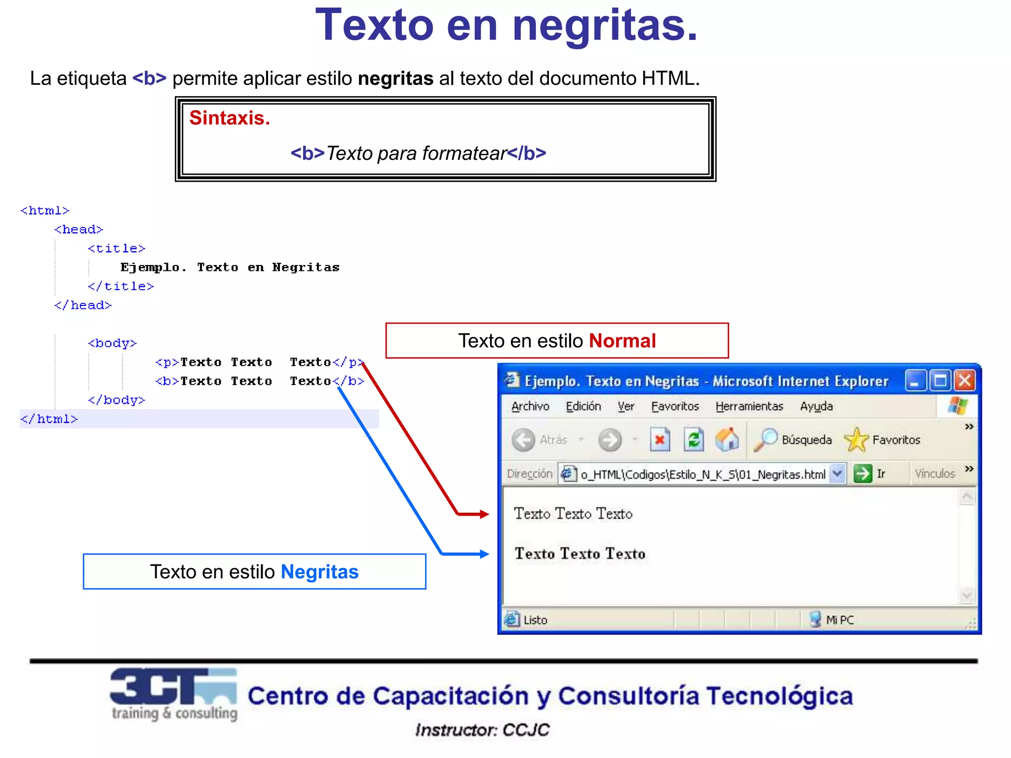 Texto en negritas.
La etiqueta <b> permite aplicar estilo negritas al texto del documento HTML.

                  Sintaxis.
                              <b>Texto para formatear</b>




                                                Texto en estilo Normal




             Texto en estilo Negritas
 