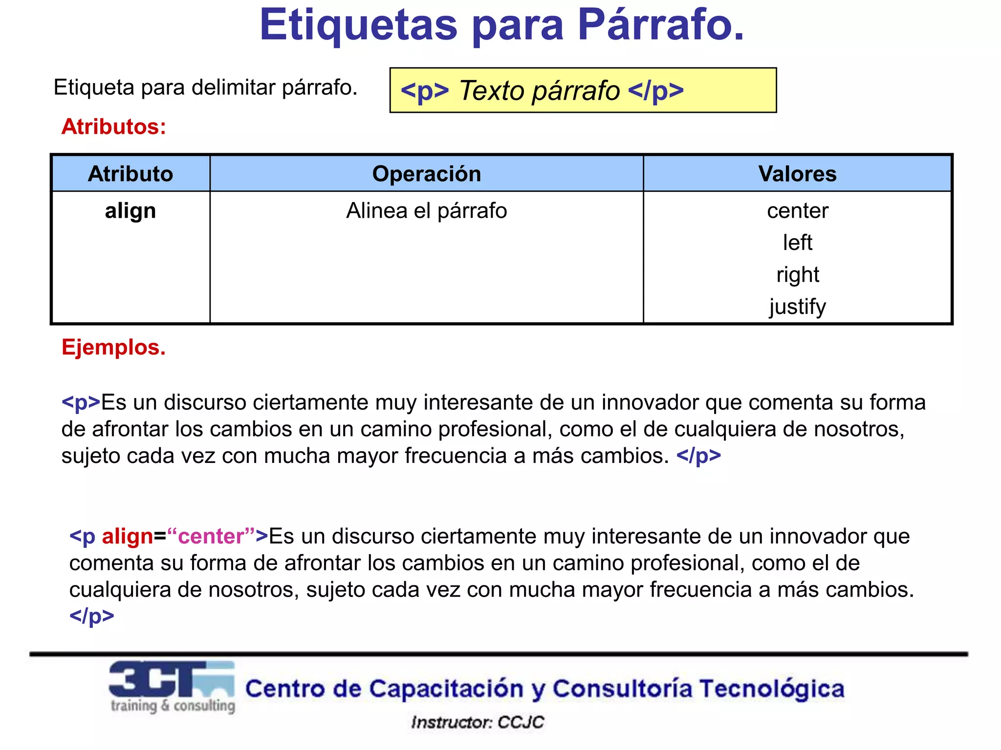 Etiquetas para Párrafo.
Etiqueta para delimitar párrafo.     <p> Texto párrafo </p>
Atributos:

   Atributo                        Operación                       Valores
     align                    Alinea el párrafo                     center
                                                                      left
                                                                     right
                                                                    justify
Ejemplos.

<p>Es un discurso ciertamente muy interesante de un innovador que comenta su forma
de afrontar los cambios en un camino profesional, como el de cualquiera de nosotros,
sujeto cada vez con mucha mayor frecuencia a más cambios. </p>


 <p align=“center”>Es un discurso ciertamente muy interesante de un innovador que
 comenta su forma de afrontar los cambios en un camino profesional, como el de
 cualquiera de nosotros, sujeto cada vez con mucha mayor frecuencia a más cambios.
 </p>
 