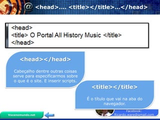 Facebook:
Ricardo.ware@gmail.com
Prof. Ricardo
Vocenomundo.net
<head>.... <title></title>...</head>
<head></head>
Cabeçalho dentre outras coisas
serve para especificarmos sobre
o que é o site. E inserir scripts.
<title></title>
É o título que vai na aba do
navegador.
 