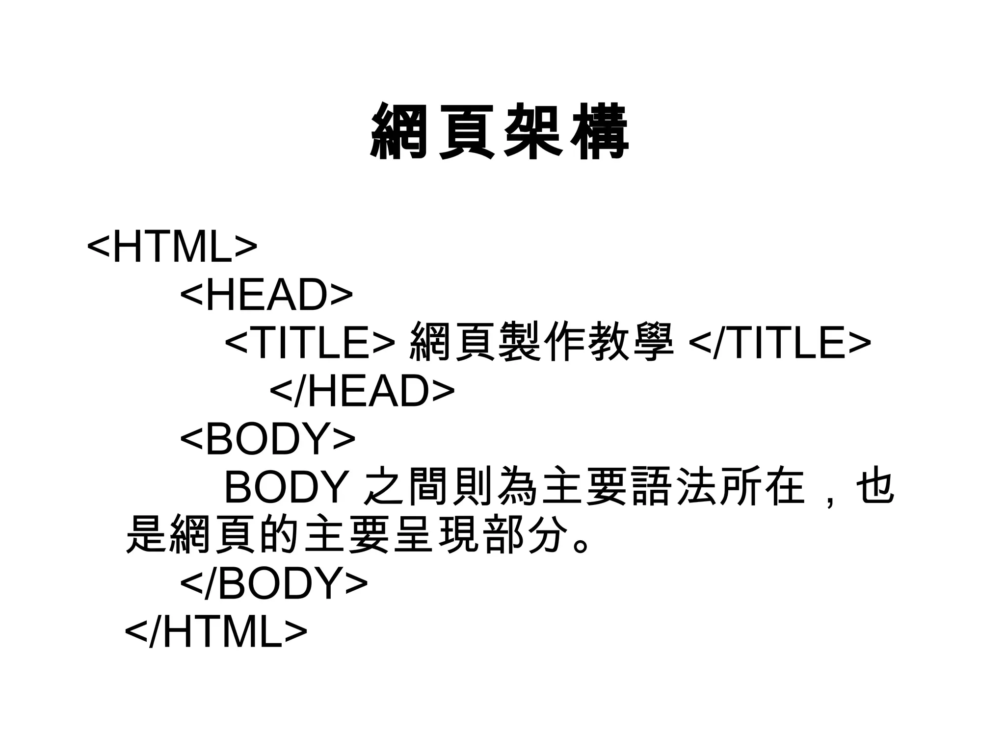 網頁架構
<HTML>
 　 <HEAD>
 　　 <TITLE> 網頁製作教學 </TITLE>
 　　　 </HEAD>
 　 <BODY>
 　　 BODY 之間則為主要語法所在，也
 是網頁的主要呈現部分。
 　 </BODY>
 </HTML>
 