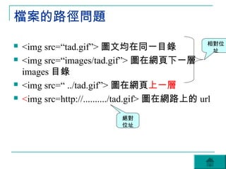 檔案的路徑問題
                                                 相對位
   <img src=“tad.gif”> 圖文均在同一目錄                   址
   <img src=“images/tad.gif”> 圖在網頁下一層
    images 目錄
   <img src=“ ../tad.gif”> 圖在網頁上一層
   <img src=http://........../tad.gif> 圖在網路上的 url
                           絕對
                           位址
 