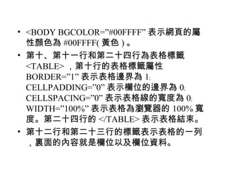 • <BODY BGCOLOR=”#00FFFF” 表示網頁的屬
  性顏色為 #00FFFF( 黃色 ) 。
• 第十、第十一行和第二十四行為表格標籤
  <TABLE> ，第十行的表格標籤屬性
  BORDER=”1” 表示表格邊界為 1﹔
  CELLPADDING=”0” 表示欄位的邊界為 0﹔
  CELLSPACING=”0” 表示表格線的寬度為 0﹔
  WIDTH=”100%” 表示表格為瀏覽器的 100% 寬
  度。第二十四行的 </TABLE> 表示表格結束。
• 第十二行和第二十三行的標籤表示表格的一列
  ，裏面的內容就是欄位以及欄位資料。
 