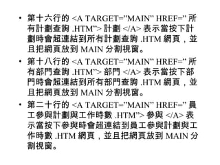 • 第十六行的 <A TARGET=”MAIN” HREF=” 所
  有計劃查詢 .HTM”> 計劃 </A> 表示當按下計
  劃時會超連結到所有計劃查詢 .HTM 網頁，並
  且把網頁放到 MAIN 分割視窗。
• 第十八行的 <A TARGET=”MAIN” HREF=” 所
  有部門查詢 .HTM”> 部門 </A> 表示當按下部
  門時會超連結到所有部門查詢 .HTM 網頁，並
  且把網頁放到 MAIN 分割視窗。
• 第二十行的 <A TARGET=”MAIN” HREF=” 員
  工參與計劃與工作時數 .HTM”> 參與 </A> 表
  示當按下參與時會超連結到員工參與計劃與工
  作時數 .HTM 網頁，並且把網頁放到 MAIN 分
  割視窗。
 