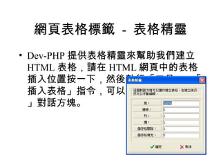 網頁表格標籤 - 表格精靈
• Dev-PHP 提供表格精靈來幫助我們建立
  HTML 表格，請在 HTML 網頁中的表格
  插入位置按一下，然後執行「工具」→「
  插入表格」指令，可以看到「表格精靈
  」對話方塊。
 