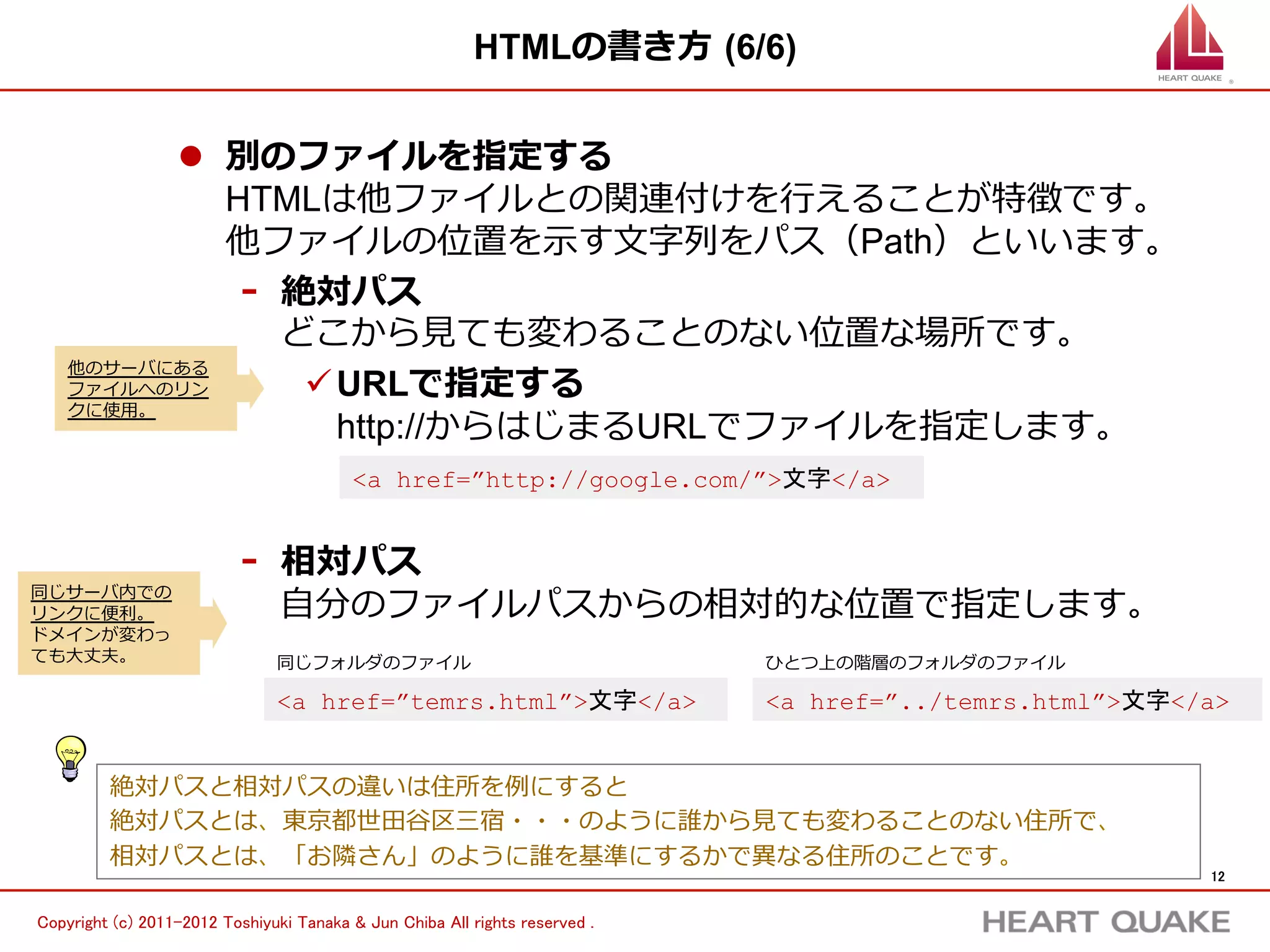 HTMLの書き⽅方  (6/6)


            l  別のファイルへのリンク
                HTMLは他ファイルとの関連付けを⾏行行えることが特徴です。
                他ファイルの位置を⽰示す⽂文字列列をパス（Path）といいます。
                 -  絶対パス
                    どこから⾒見見ても変わることのない位置な場所です。  
    他のパソコンにあ
    るファイルへのリ         ü URLで指定する
    ンクに使⽤用。
                        http://からはじまるURLでファイルを指定します。
                                          <a href=”http://google.com/”>文字</a>


                           -    相対パス
                                ⾃自分のファイルパスからの相対的な位置で指定します。
同じパソコン内で
のリンクに便便利利。
フォルダ構成が変
わっても⼤大丈夫。                       同じフォルダのファイル                                    ひとつ上の階層のフォルダのファイル

                                <a href=”temrs.html”>文字</a>                    <a href=”../temrs.html”>文字</a>


         絶対パスと相対パスの違いは住所を例例にすると
         絶対パスとは、東京都世⽥田⾕谷区三宿・・・のように誰から⾒見見ても変わることのない住所で、
         相対パスとは、「お隣隣さん」のように誰を基準にするかで異異なる住所のことです。
                                                                                                           12	


Copyright (c) 2011-2012 Toshiyuki Tanaka & Jun Chiba All rights reserved .	
 