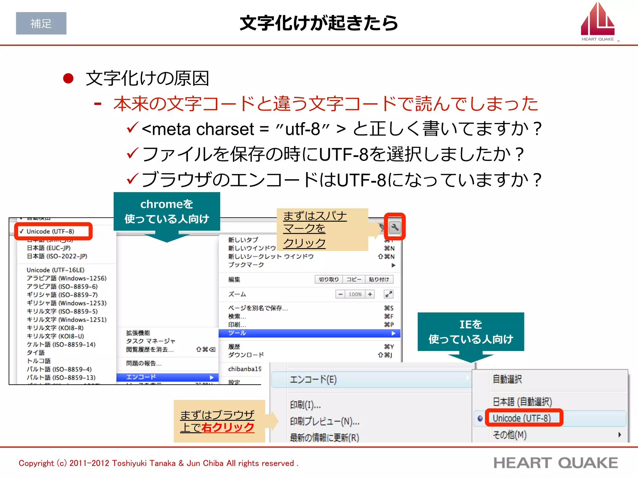 補⾜足                                           ⽇日本語が変な⽂文字になったら


           l  この現象を「⽂文字化け」といいます。⽂文字化けの原因は・・・
                 ü <meta charset = ”utf-8” > と正しく書いてますか？
                 ü ファイルを保存の時にUTF-8を選択しましたか？
                 ü ブラウザのエンコードはUTF-8になっていますか？
                 ü ダブルクォーテーション「”」が半⾓角になっていますか？
                              chromeを
                            使っている⼈人向け                                 まずはスパナ
                                                                      マークを
                                                                      クリック




                                                                                  IEを
                                                                               使っている⼈人向け




                                           まずはブラウザ
                                           上で右クリック
                                                                                           7	


Copyright (c) 2011-2012 Toshiyuki Tanaka & Jun Chiba All rights reserved .	
 