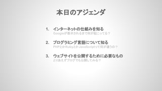 本日のアジェンダ
1. インターネットの仕組みを知る
Googleが表示されるまで何が起こってる？
2. プログラミング言語について知る
PHPとかRubyとかJavaScriptって何が違うの？
3. ウェブサイトを公開するために必要なもの
とりあえずブログでも公開してみる？
 