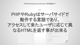 PHPとかRubyとかJavaScriptって何が違うの？
ブラウザ
動的
example.co.jp
<html>
<head>
</head>
<body>
<p>
Hello kkyouhei
</p>
</body>
</html>
top.html
top.htmlください
top.htmlだよ
Hello kkyouhei
DataBase
kkyouhei
PHPやRubyはサーバサイドで
動作する言語であり、
アクセスして来たユーザに応じて異
なるHTMLを返す事が出来る
 