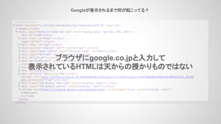 Googleが表示されるまで何が起こってる？
ブラウザにgoogle.co.jpと入力して
表示されているHTMLは天からの授かりものではない
 