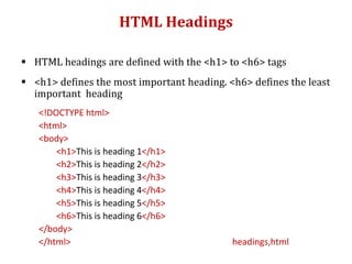 HTML Headings
 HTML headings are defined with the <h1> to <h6> tags
 <h1> defines the most important heading. <h6> defines the least
important heading
<!DOCTYPE html>
<html>
<body>
<h1>This is heading 1</h1>
<h2>This is heading 2</h2>
<h3>This is heading 3</h3>
<h4>This is heading 4</h4>
<h5>This is heading 5</h5>
<h6>This is heading 6</h6>
</body>
</html> headings,html
 