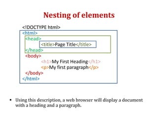 Nesting of elements
<!DOCTYPE html>
<html>
<head>
<title>Page Title</title>
</head>
<body>
<h1>My First Heading</h1>
<p>My first paragraph</p>
</body>
</html>
 Using this description, a web browser will display a document
with a heading and a paragraph.
 