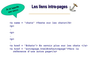 Les liens intra-pages
Les liens intra-pages
<a name = "chats" >Texte sur les chats</A>
<p>
.
<p>
.
<p>
.
<a href = "#chats"> En savoir plus sur les chats </a>
<a href = "autrepage.html#refautrepage">Vers la
référence d’une autre page</a>
Je m’appelle
une ancre
 
