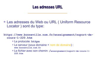 Les adresses URL
Les adresses URL
Les adresses du Web ou URL ( Uniform Resource
Locator ) sont du type:
https://www.bonneville.nom.fr/enseignement/suport-de-
cours-1-220.htm
Le protocole: https
Le serveur (sous domaine + nom de domaine) :
www.bonneville.nom.fr
Le fichier avec son chemin: /enseignement/suport-de-cours-1-
220.htm
 