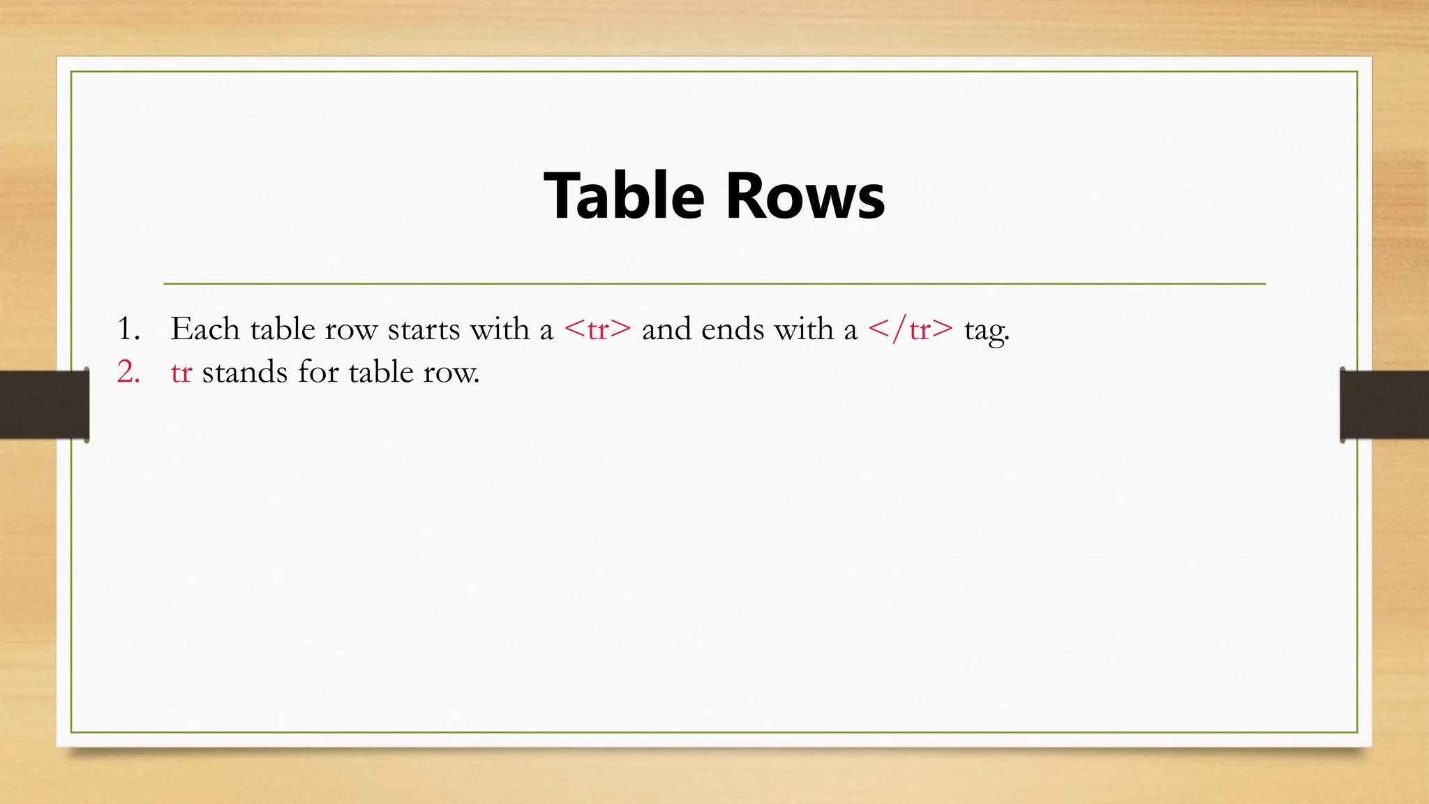 Table Rows
1. Each table row starts with a <tr> and ends with a </tr> tag.
2. tr stands for table row.
 