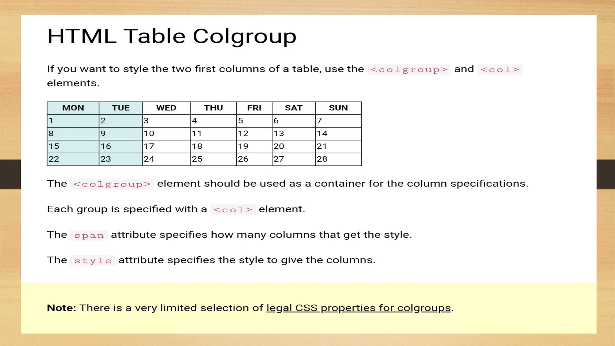 HTML Table Colgroup
 