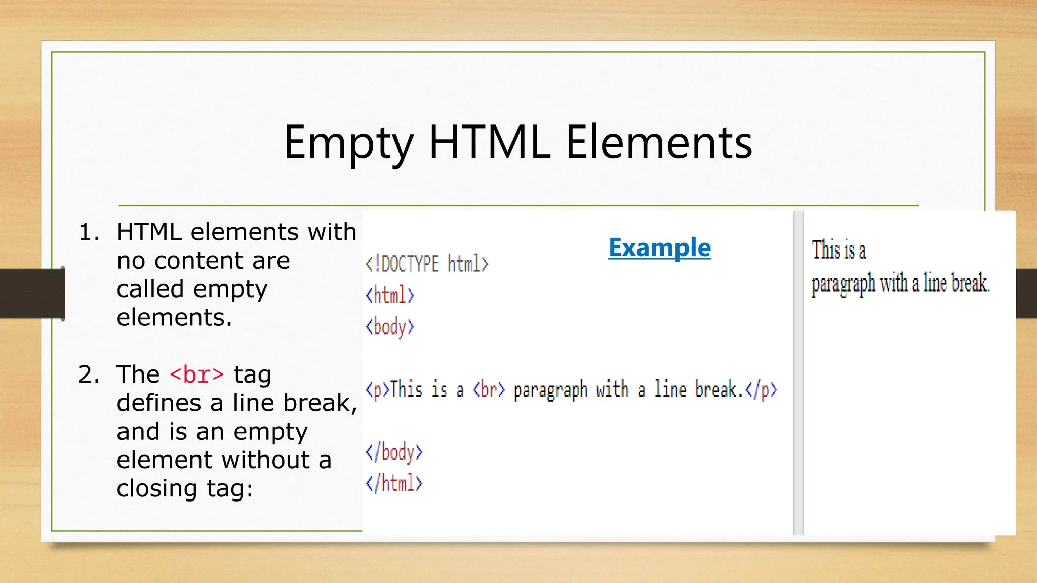Empty HTML Elements
1. HTML elements with
no content are
called empty
elements.
2. The <br> tag
defines a line break,
and is an empty
element without a
closing tag:
Example
 