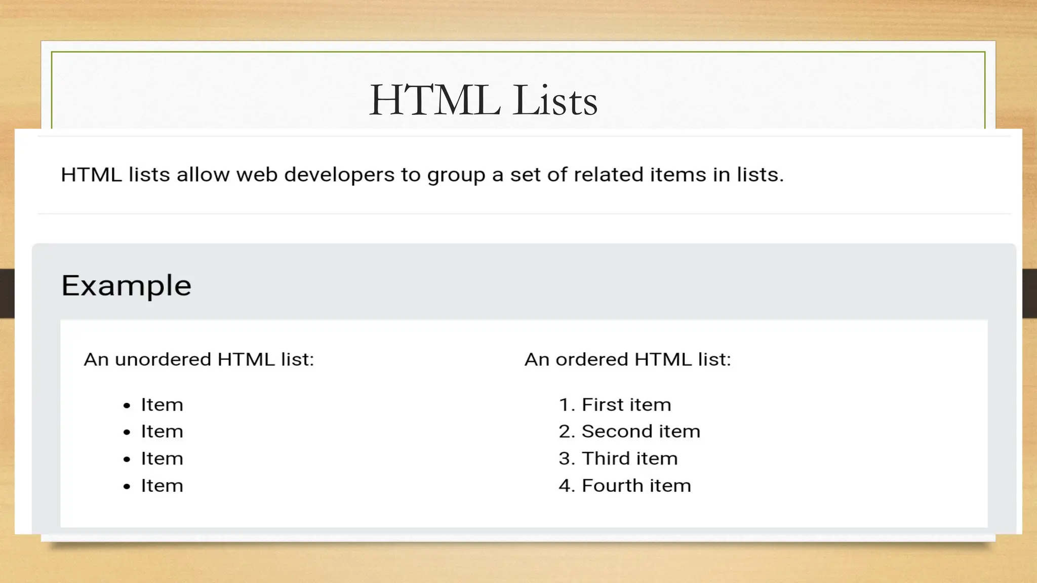HTML Lists
 