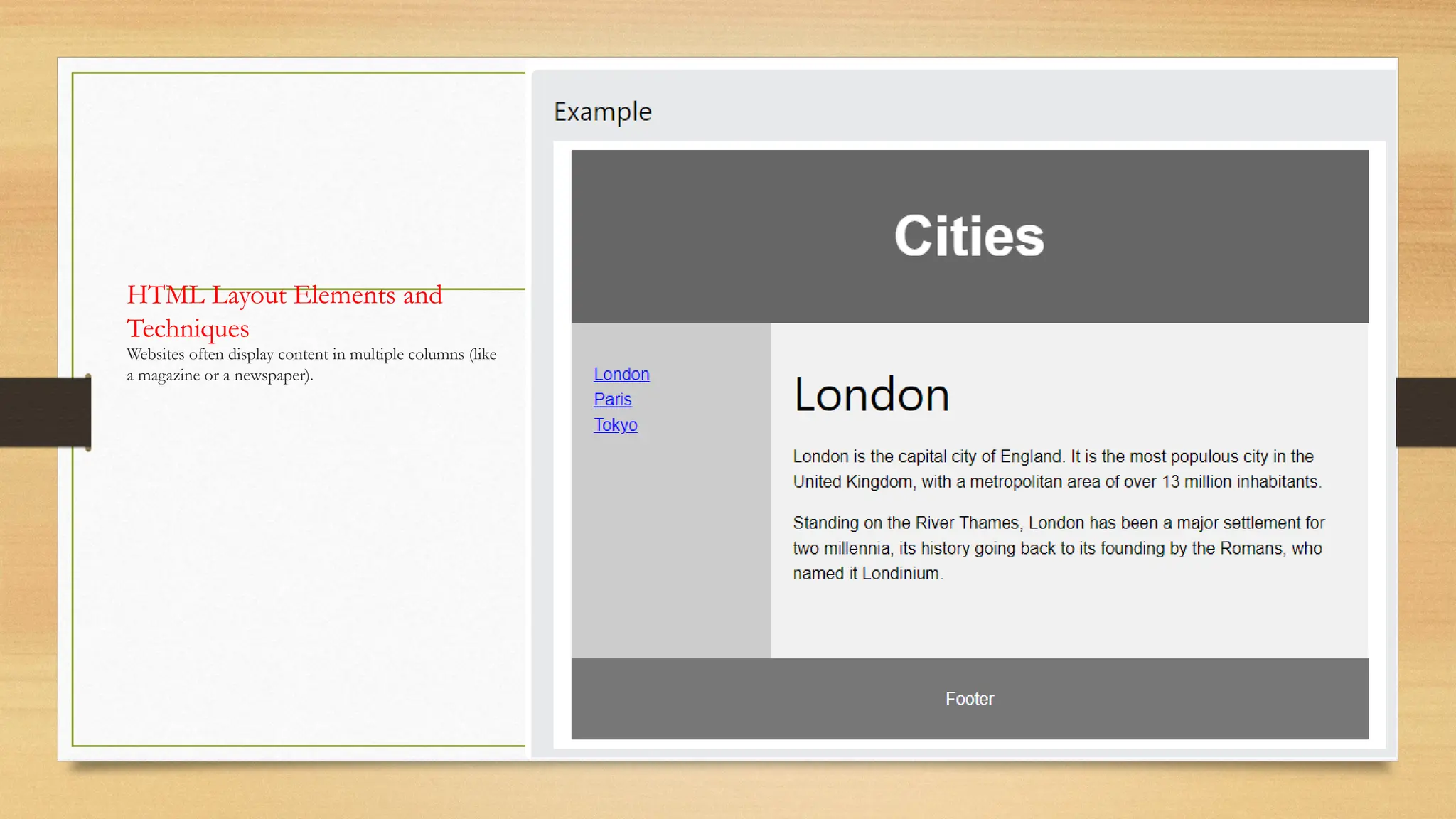 HTML Layout Elements and
Techniques
Websites often display content in multiple columns (like
a magazine or a newspaper).
 