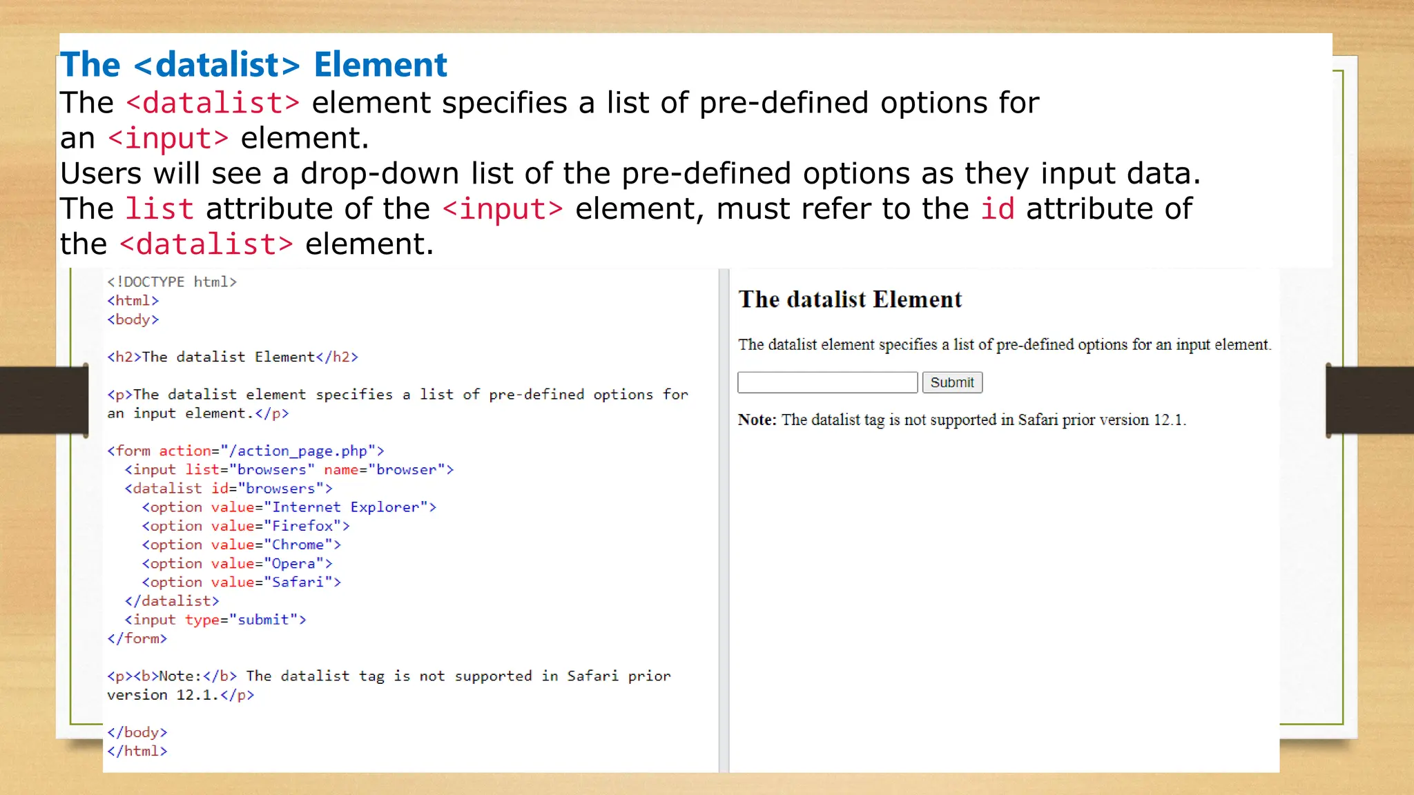 The <datalist> Element
The <datalist> element specifies a list of pre-defined options for
an <input> element.
Users will see a drop-down list of the pre-defined options as they input data.
The list attribute of the <input> element, must refer to the id attribute of
the <datalist> element.
 