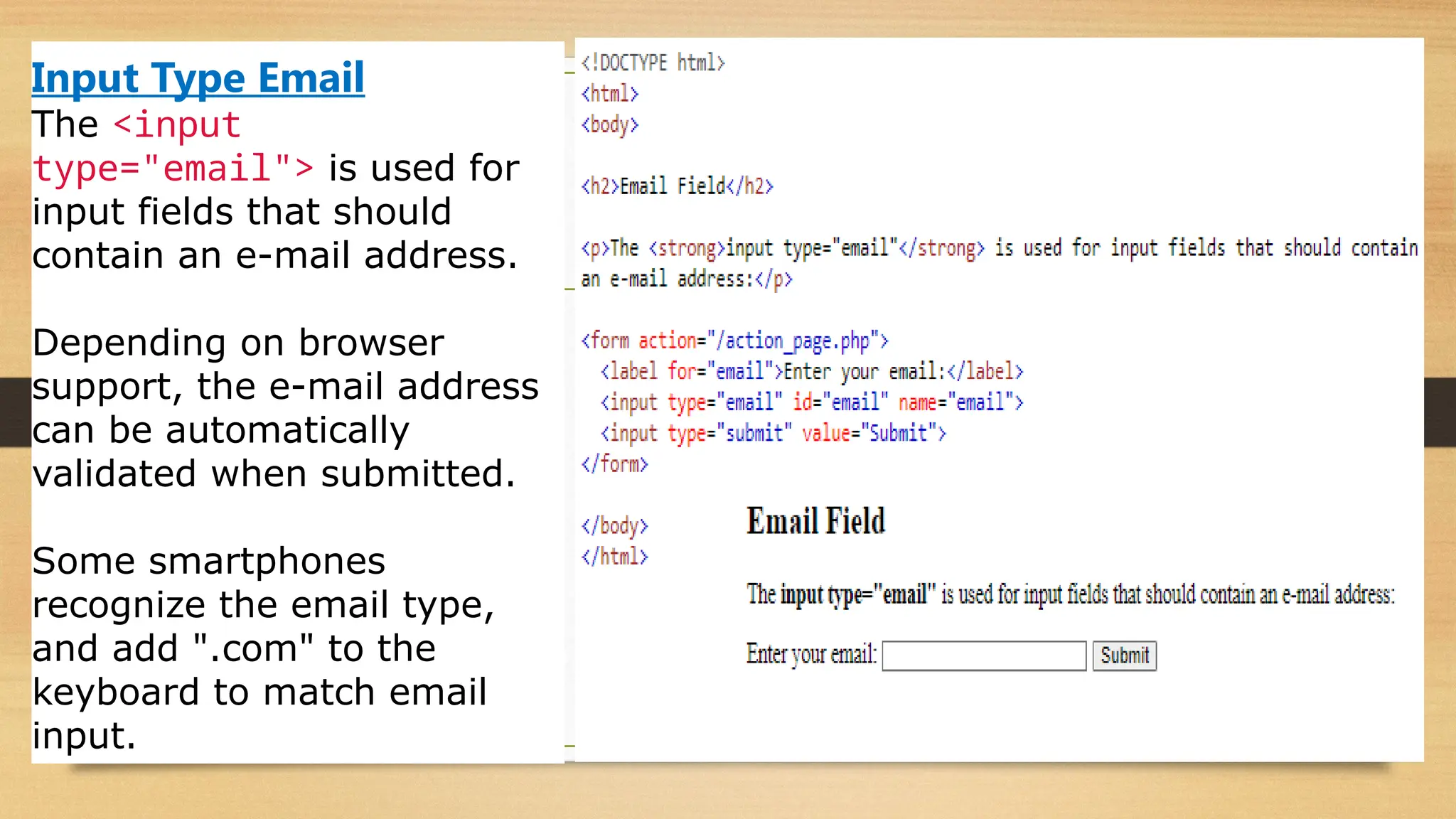 Input Type Email
The <input
type="email"> is used for
input fields that should
contain an e-mail address.
Depending on browser
support, the e-mail address
can be automatically
validated when submitted.
Some smartphones
recognize the email type,
and add ".com" to the
keyboard to match email
input.
 